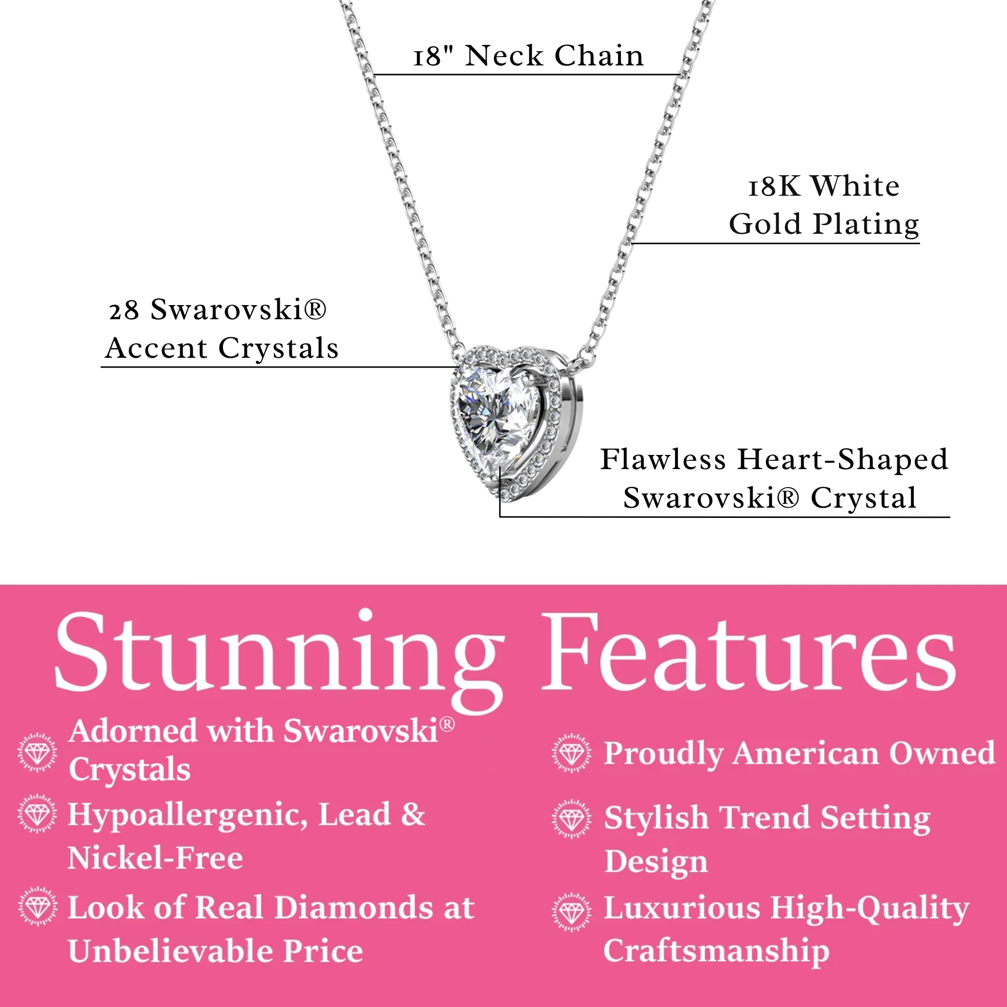 Tara 18k White Gold Plated Halo Heart Pendant Necklace with Swarovski Crystals