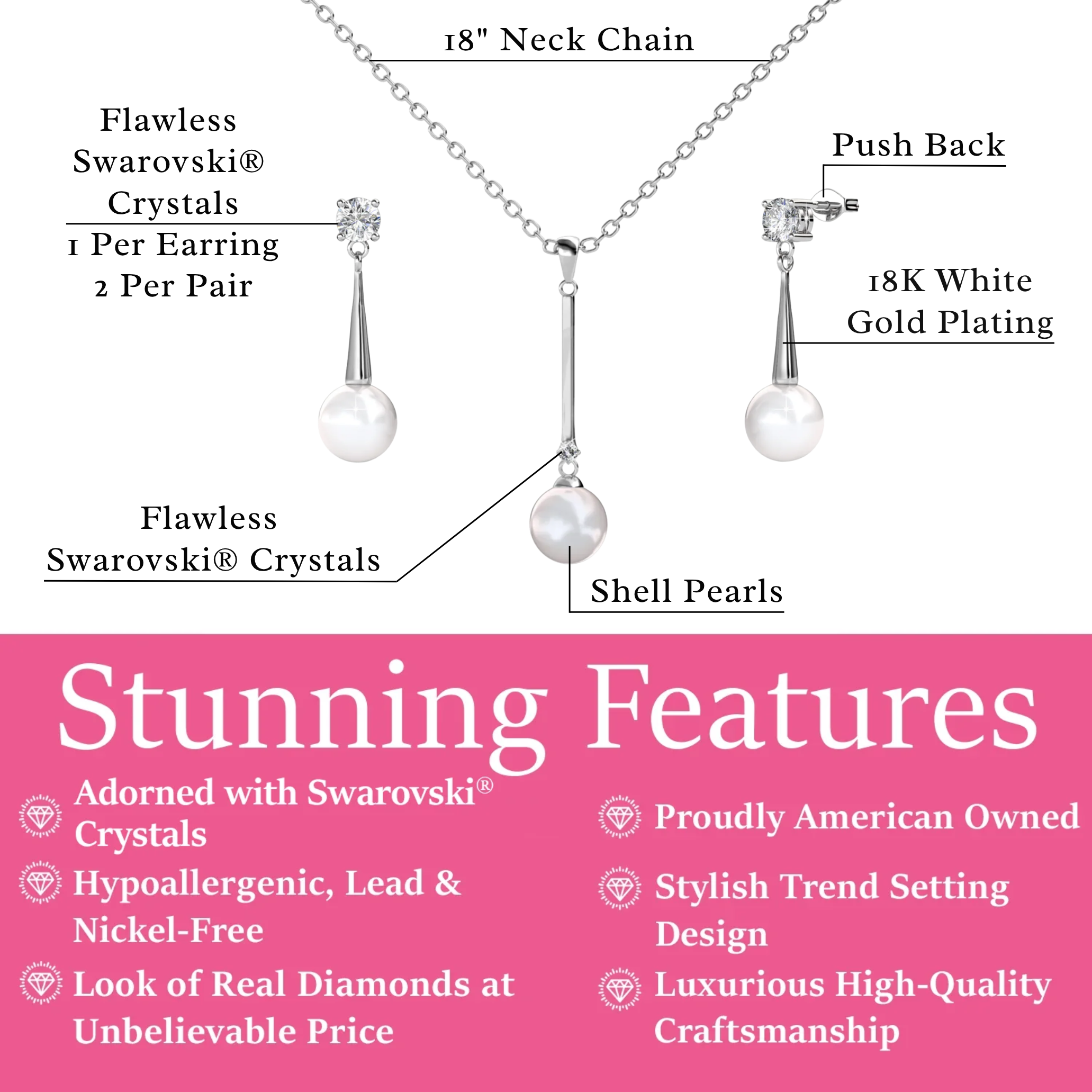 Tatum 18k White Gold Plated Pearl Necklace and Dangle Earrings Jewelry Set with Swarovski Crystals