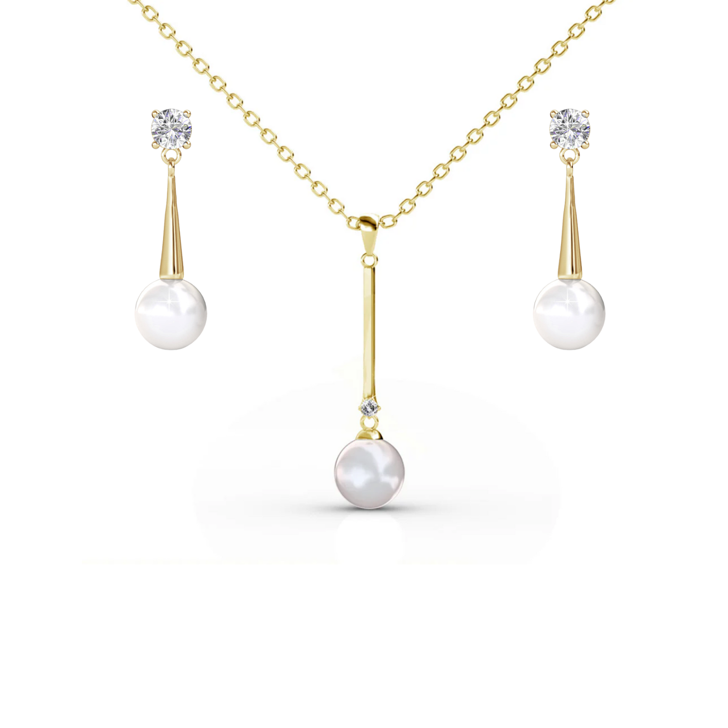 Tatum 18k White Gold Plated Pearl Necklace and Dangle Earrings Jewelry Set with Swarovski Crystals