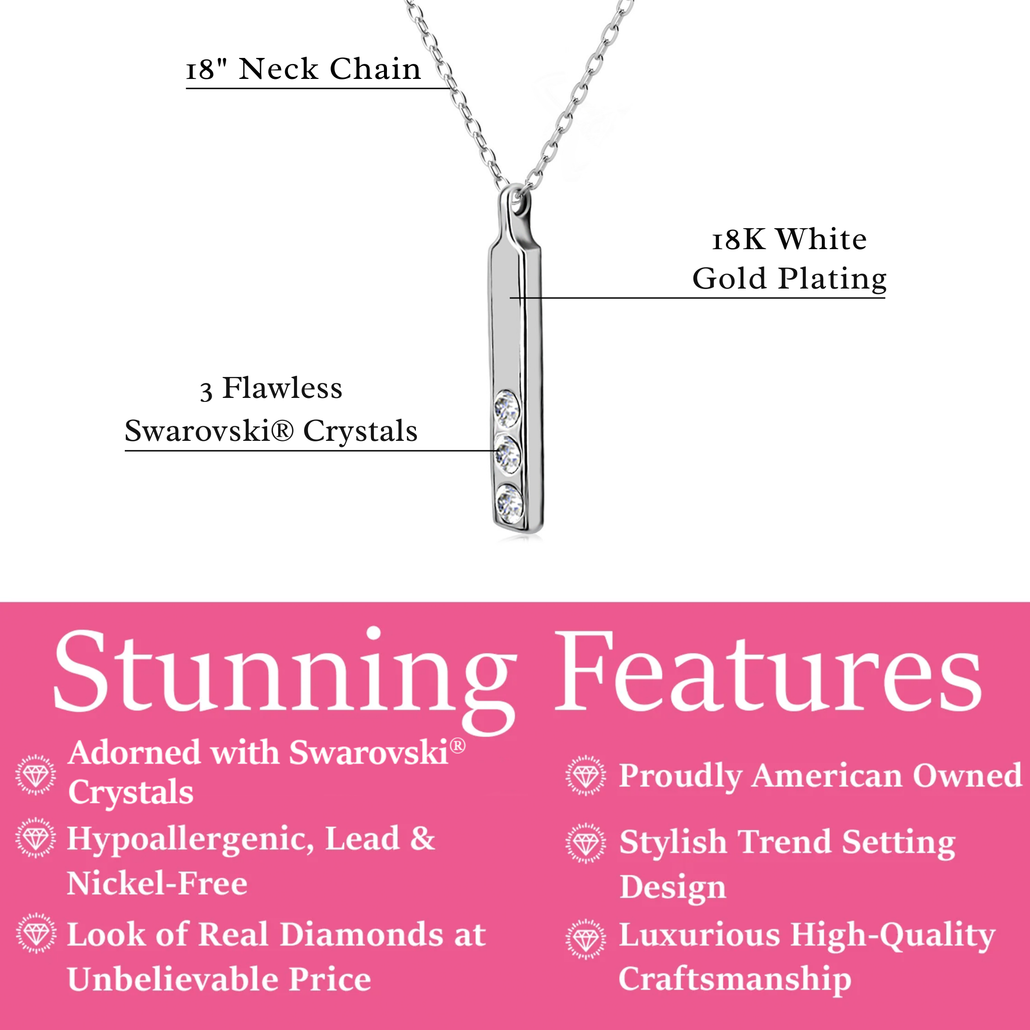 Tessa 18k White Gold Plated Bar Necklace with Swarovski Crystals