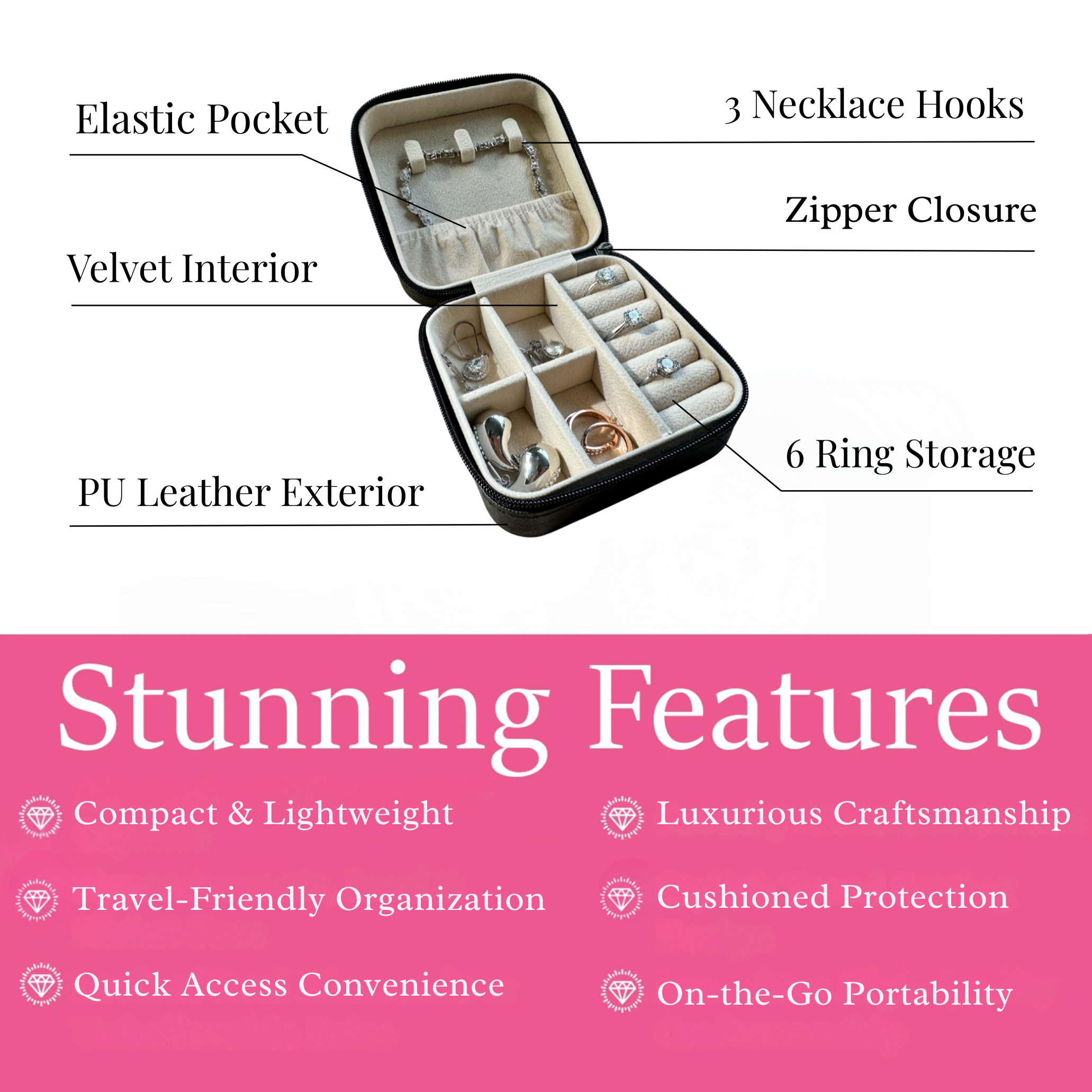 Jewelry Travel Case, Black Mini Jewelry Box Organizer for Women