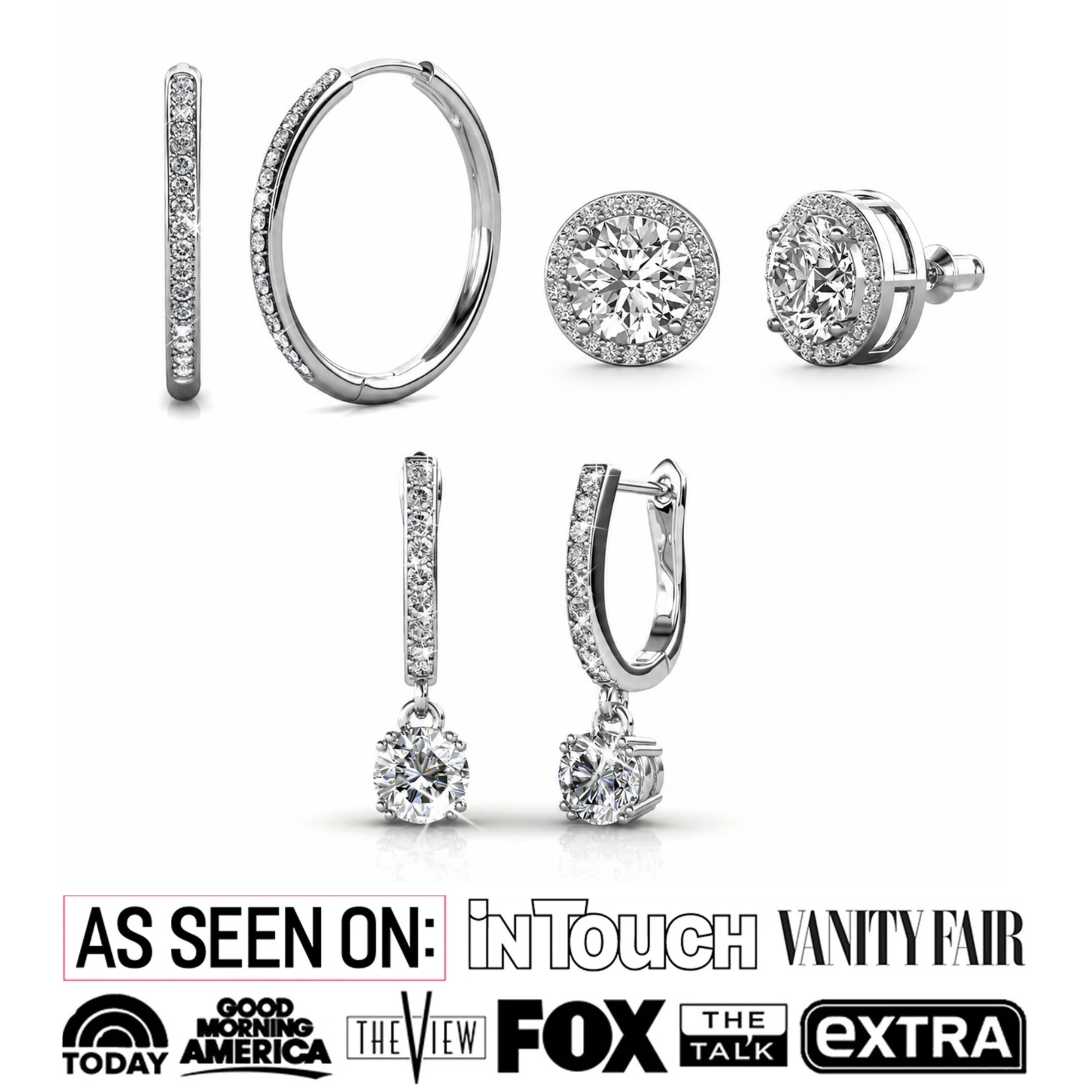Bianca, McKenzie, Ariel 18k White Gold Plated Earrings with Simulated Diamond Crystals (3 Pair Set)