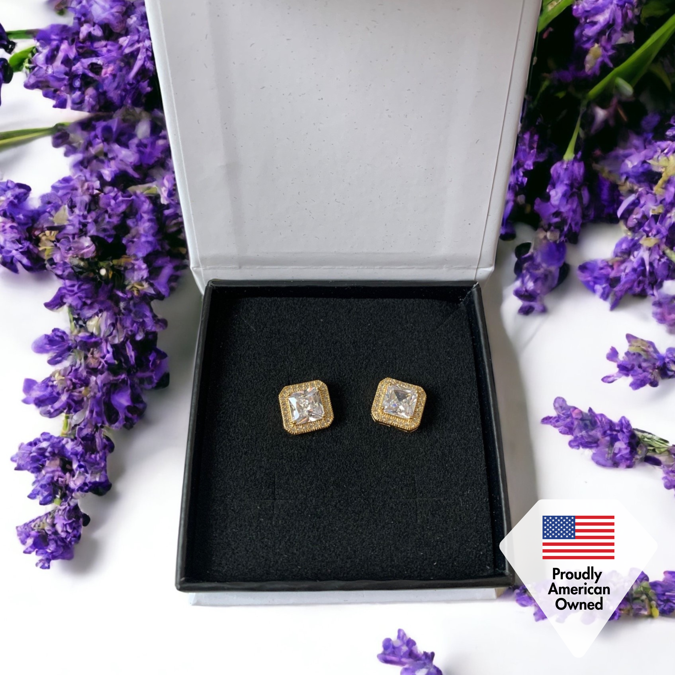 Norah 18k White Gold Plated Princess Cut Halo Stud Earrings with Simulated Diamond Crystals