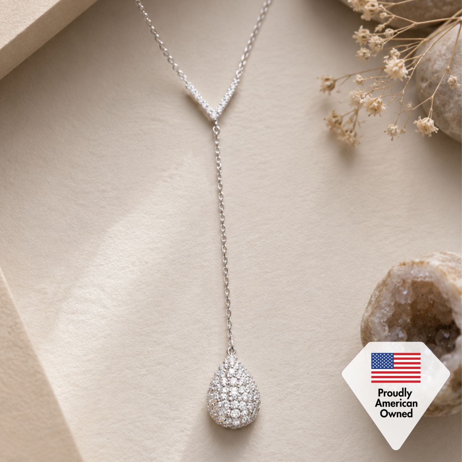 Ava 18k White Gold Plated Tear drop Y-Necklace with Simulated Diamond Crystals