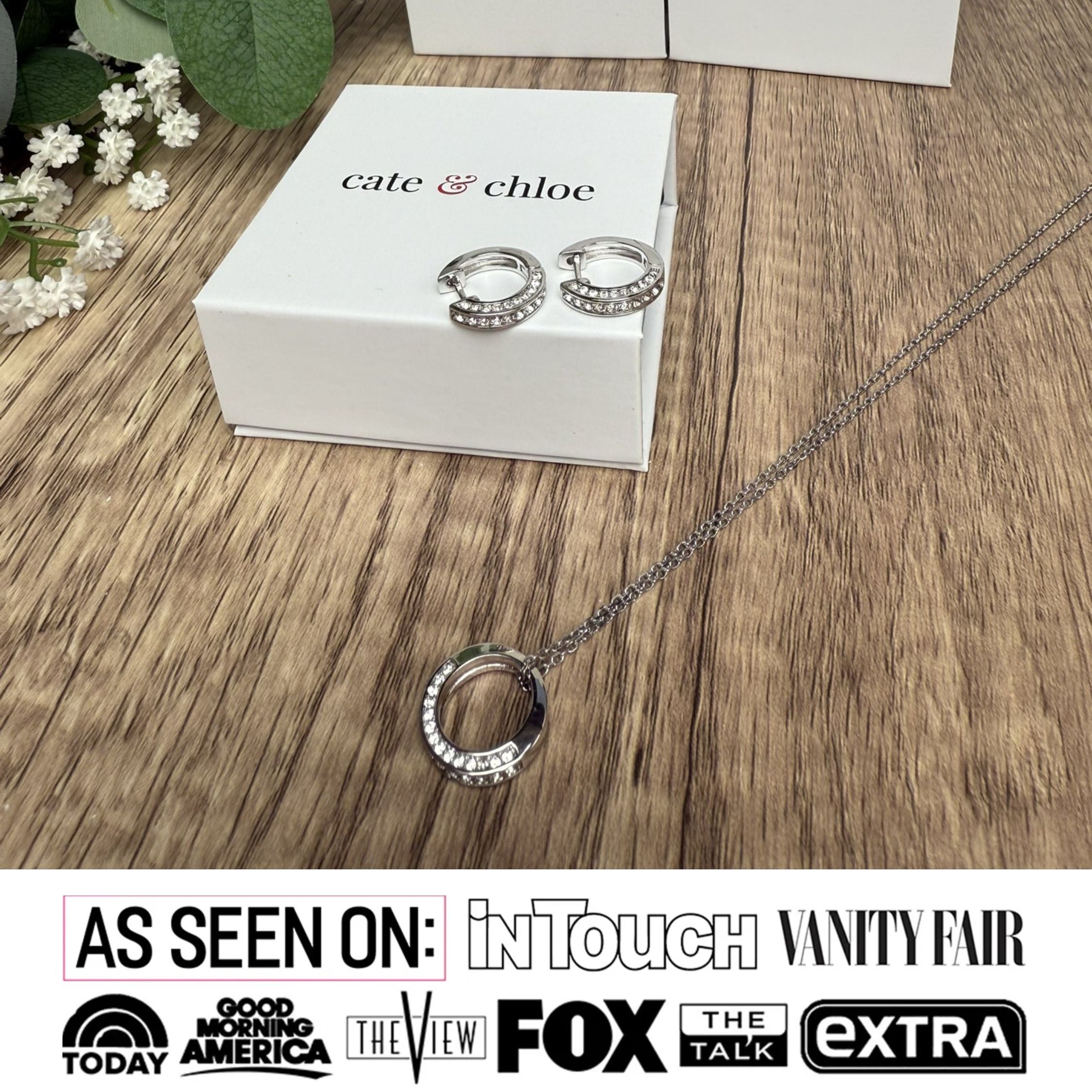 Viviana 18k White Gold Plated Hoop Pendant Necklace and Earring Set with Swarovski Crystals