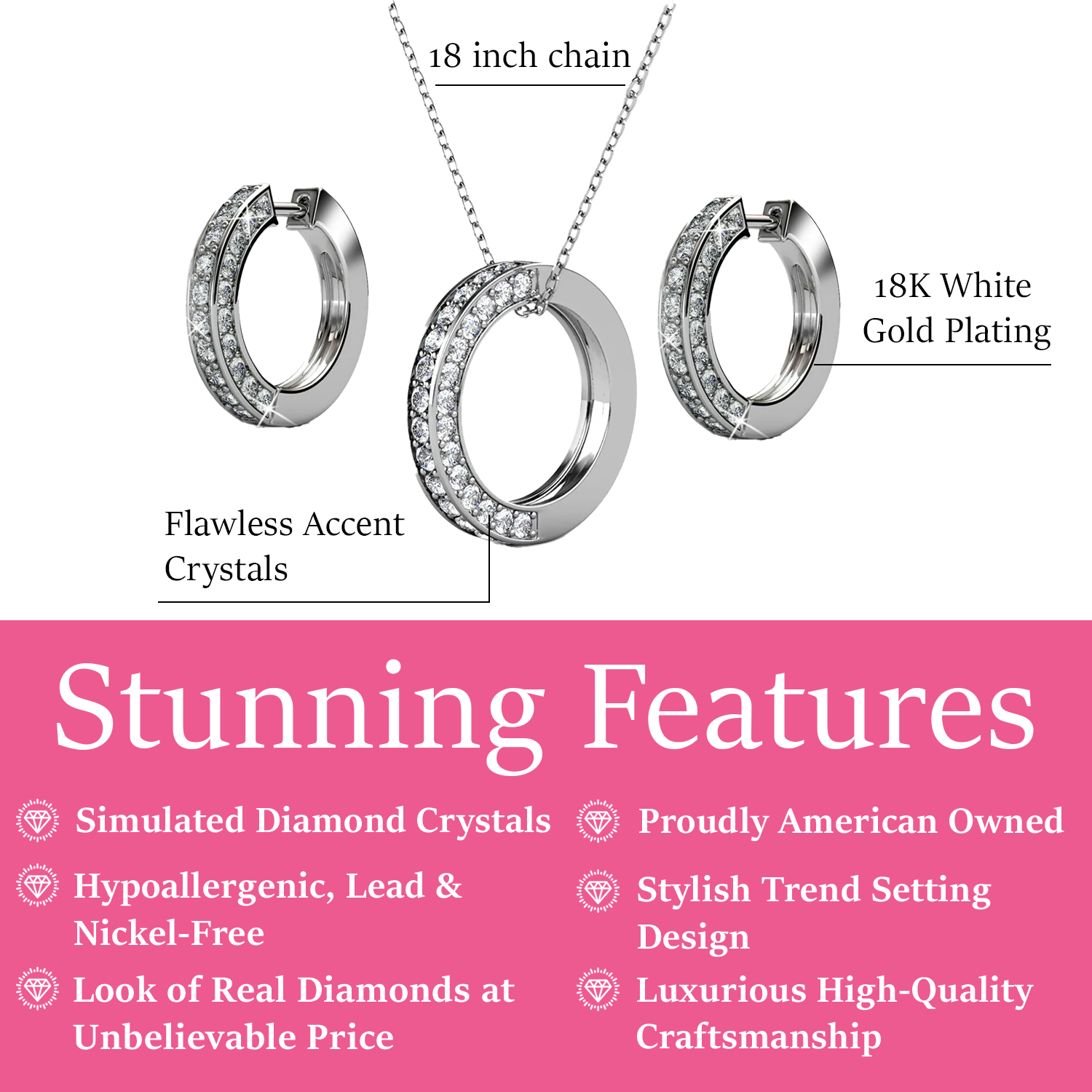 Viviana 18k White Gold Plated Hoop Pendant Necklace and Earring Set with Swarovski Crystals