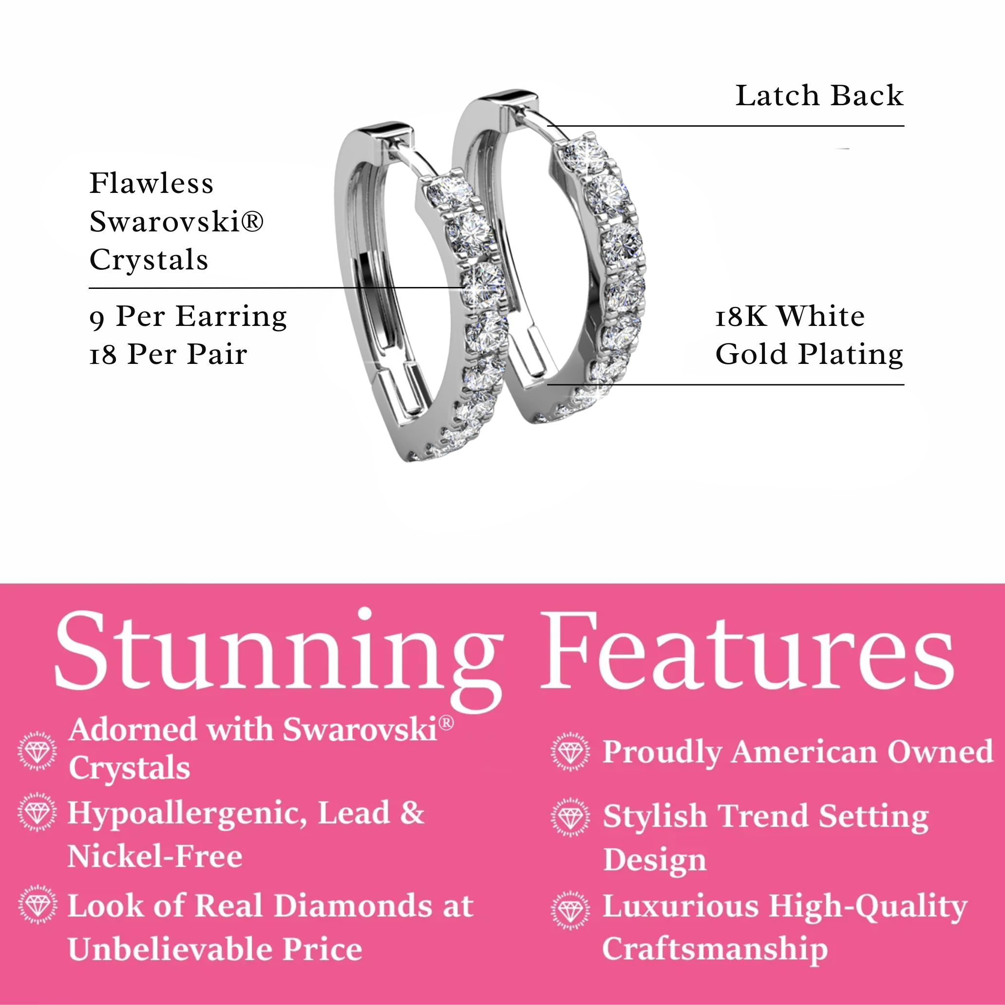 Waverly 18k White Gold Plated 16mm Hoop Earrings with Swarovski Crystals
