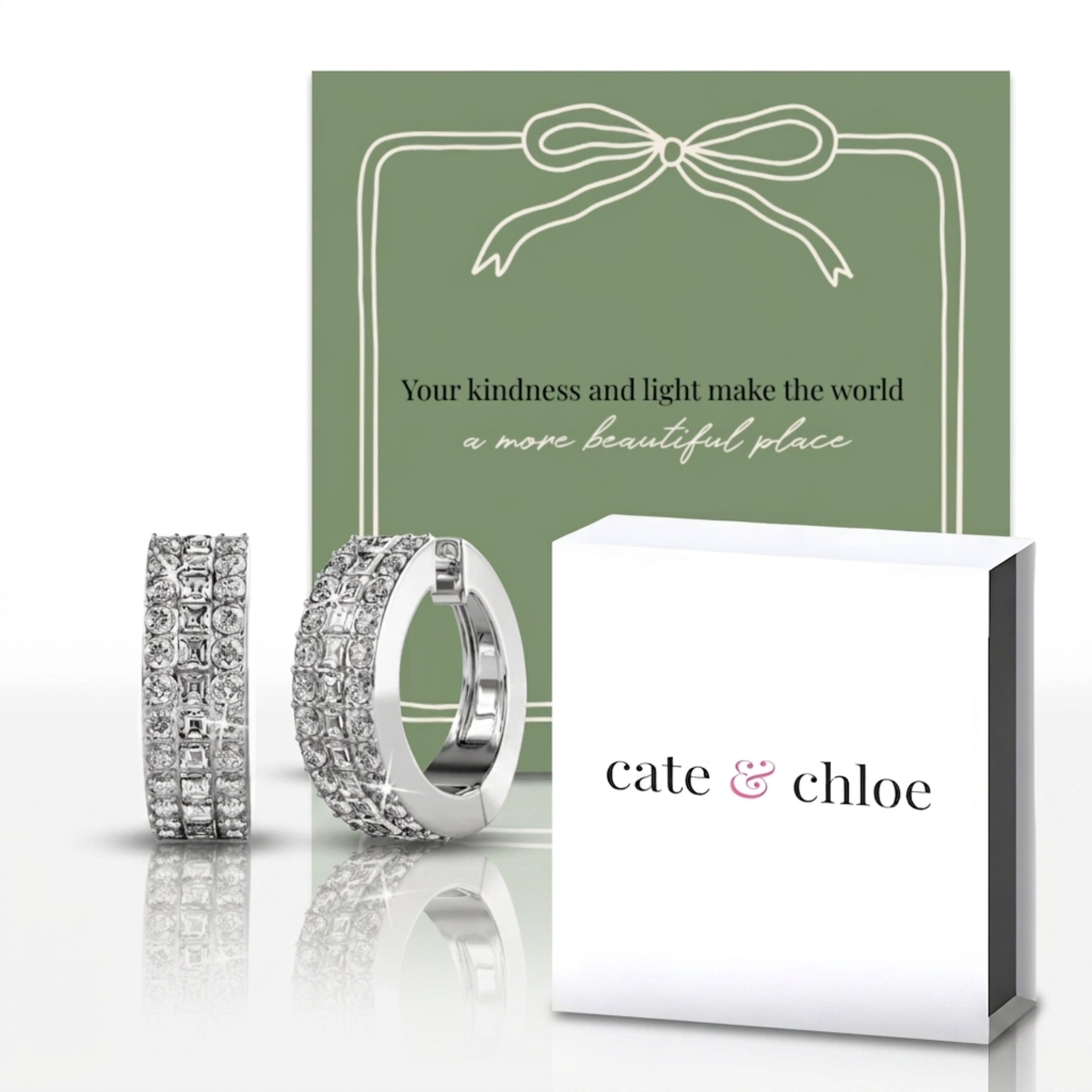 Wrenley 18k White Gold Plated 16mm Hoop Earrings & Kindness and Light Green Bow Card