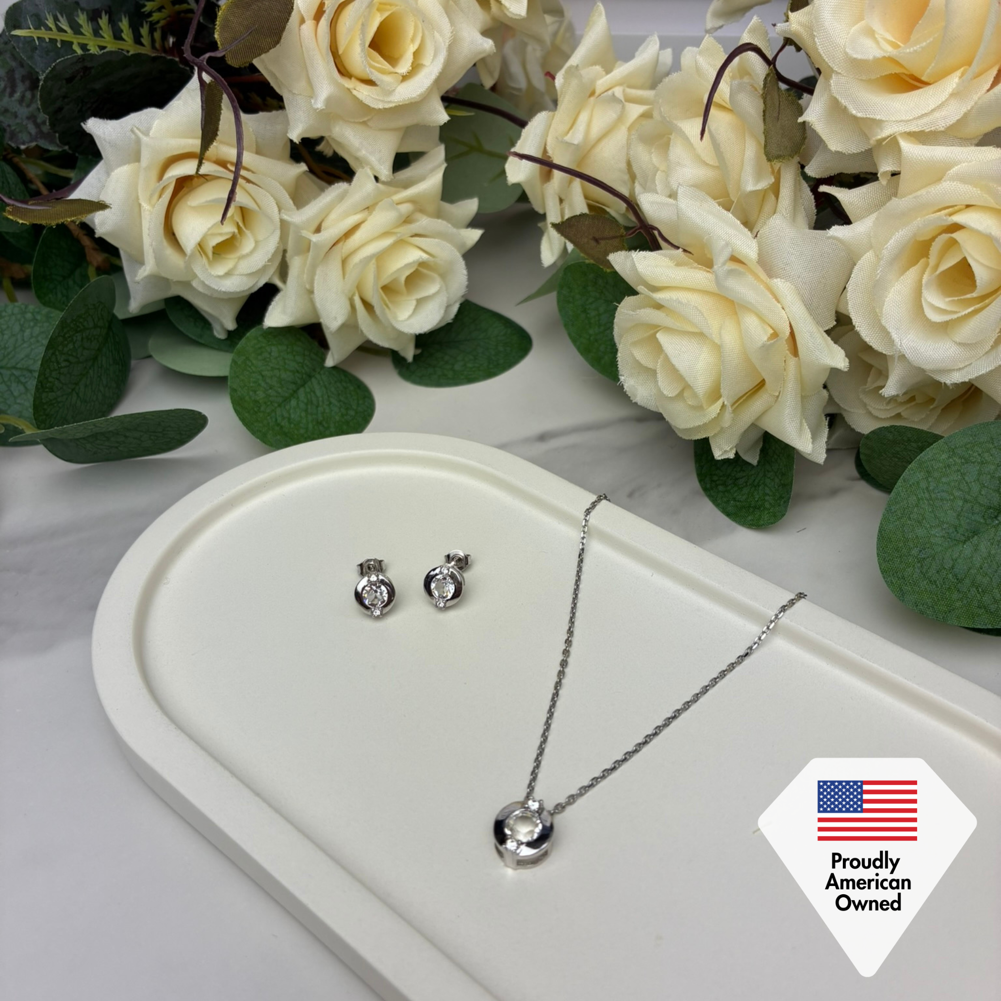 Zara 18k White Gold Plated Stud Earrings and Necklace Set with Swarovski Crystals