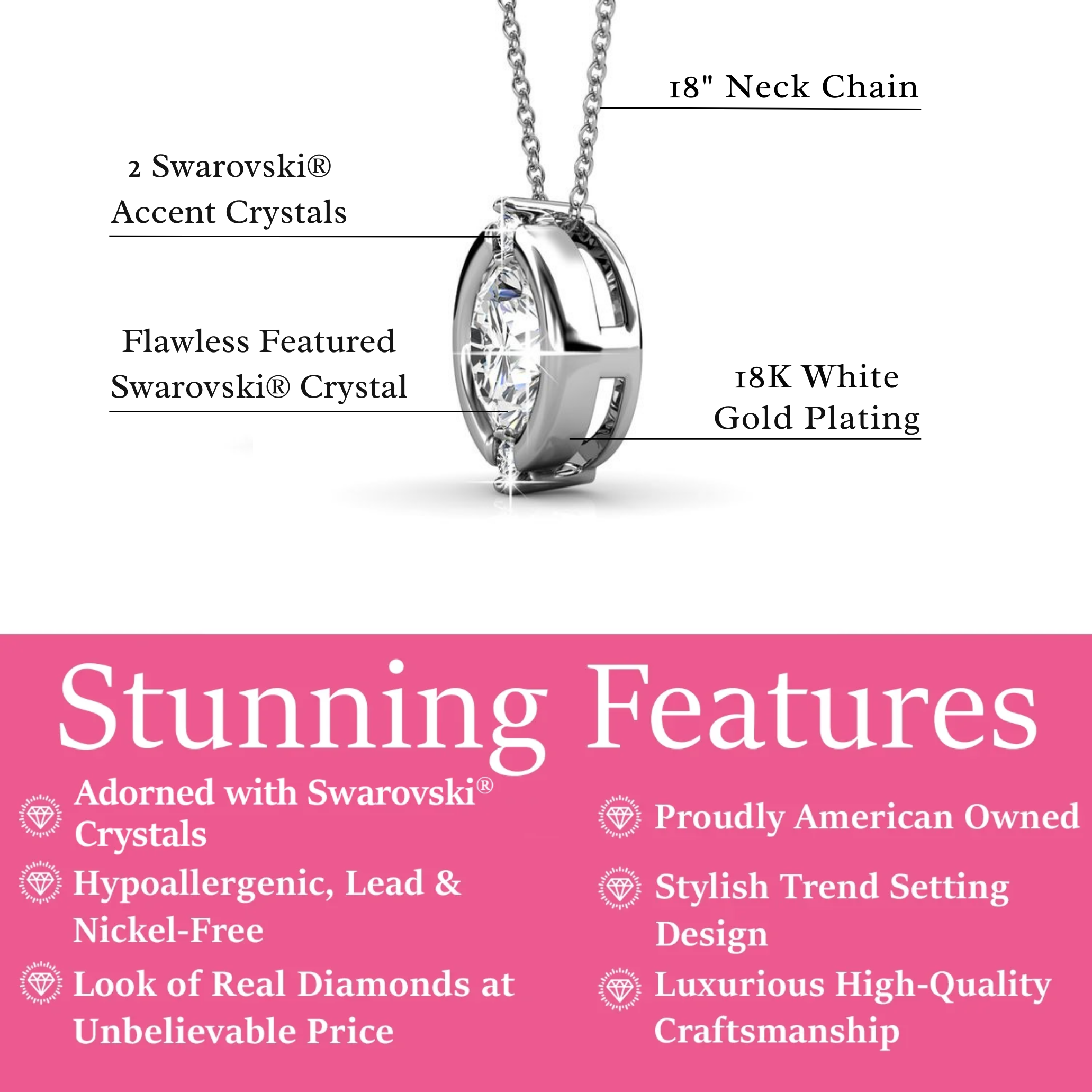 Zara 18k White Gold Plated Pendant Necklace with Round Cut Swarovski Crystals