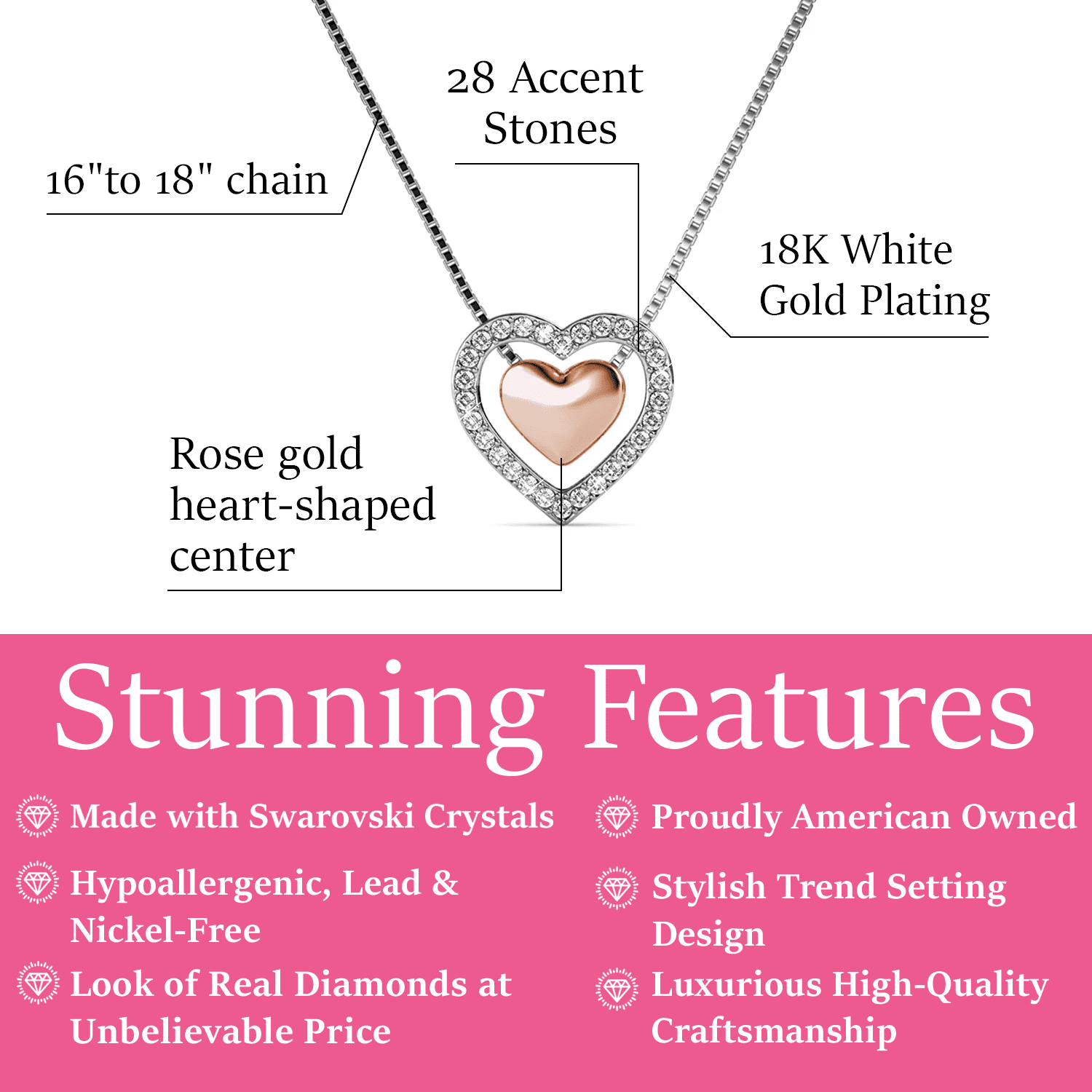 Zendaya 18k White Gold Plated Heart Necklace with Swarovski Crystals