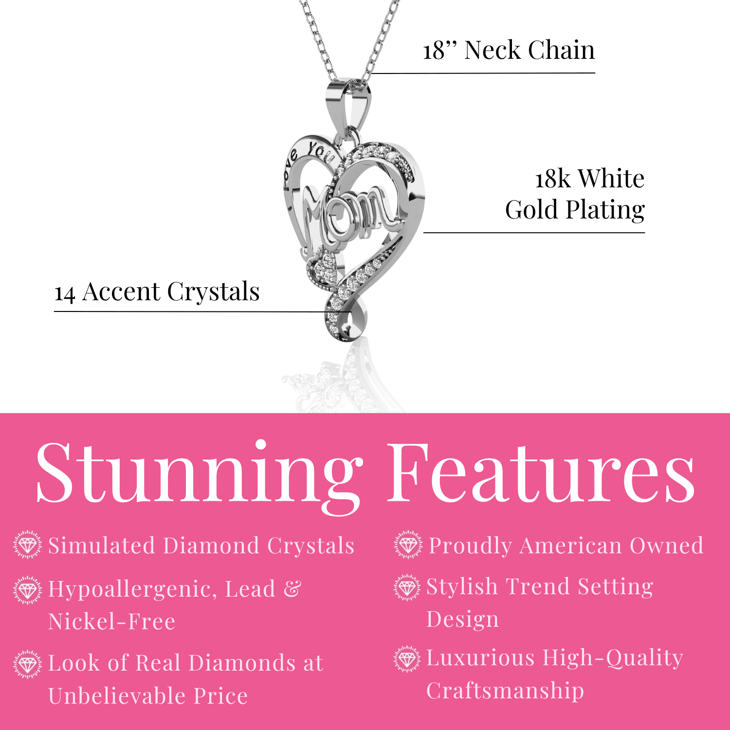 Karina 18k White Gold Plated Mom Heart Pendant Necklace with Simulated Diamond Crystals