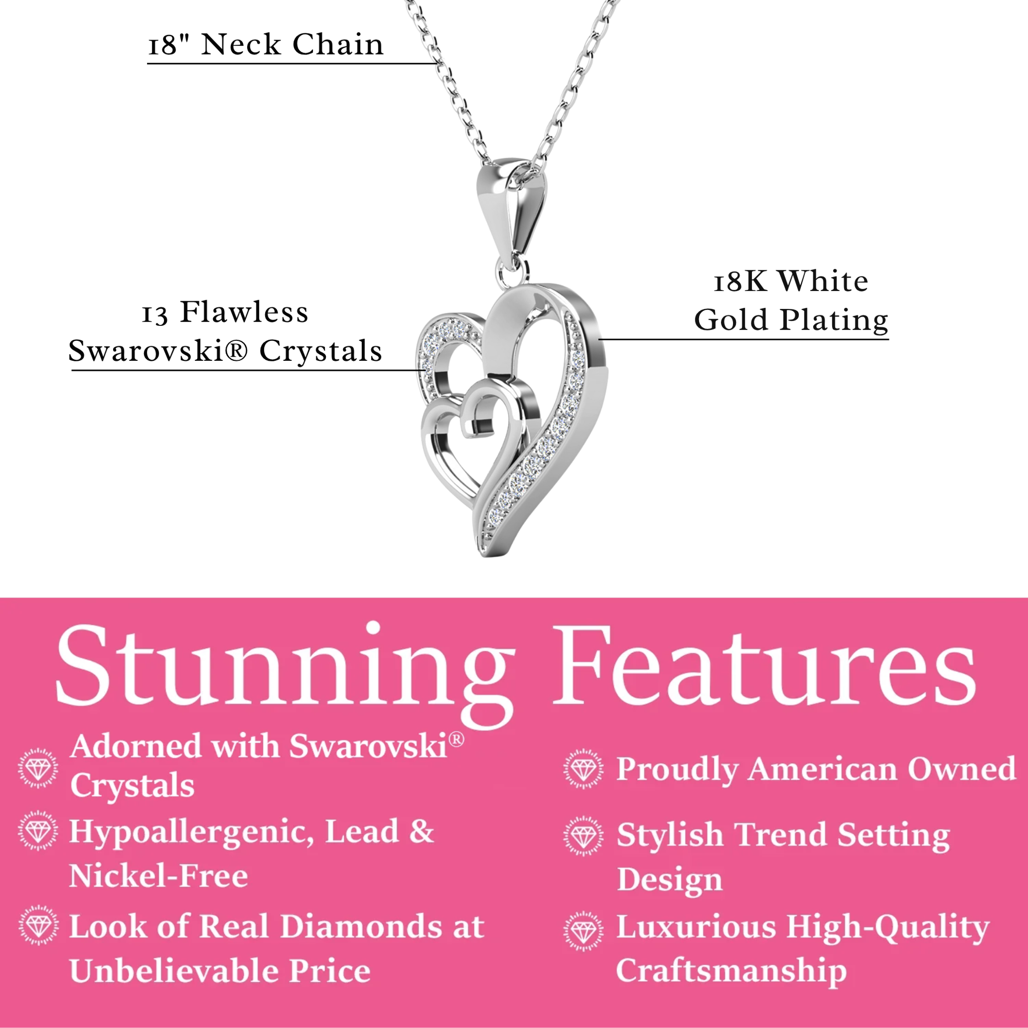 Jennifer 18k White Gold Plated Double Heart Necklace with Swarovski Crystals