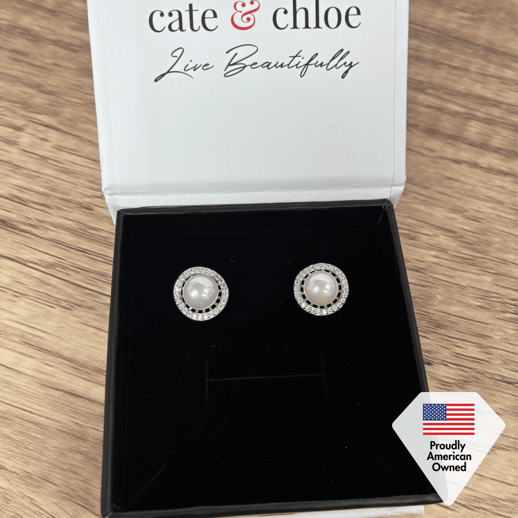 Nina 18k White Gold Plated Pearl Halo Stud Earrings with Swarovski Crystals