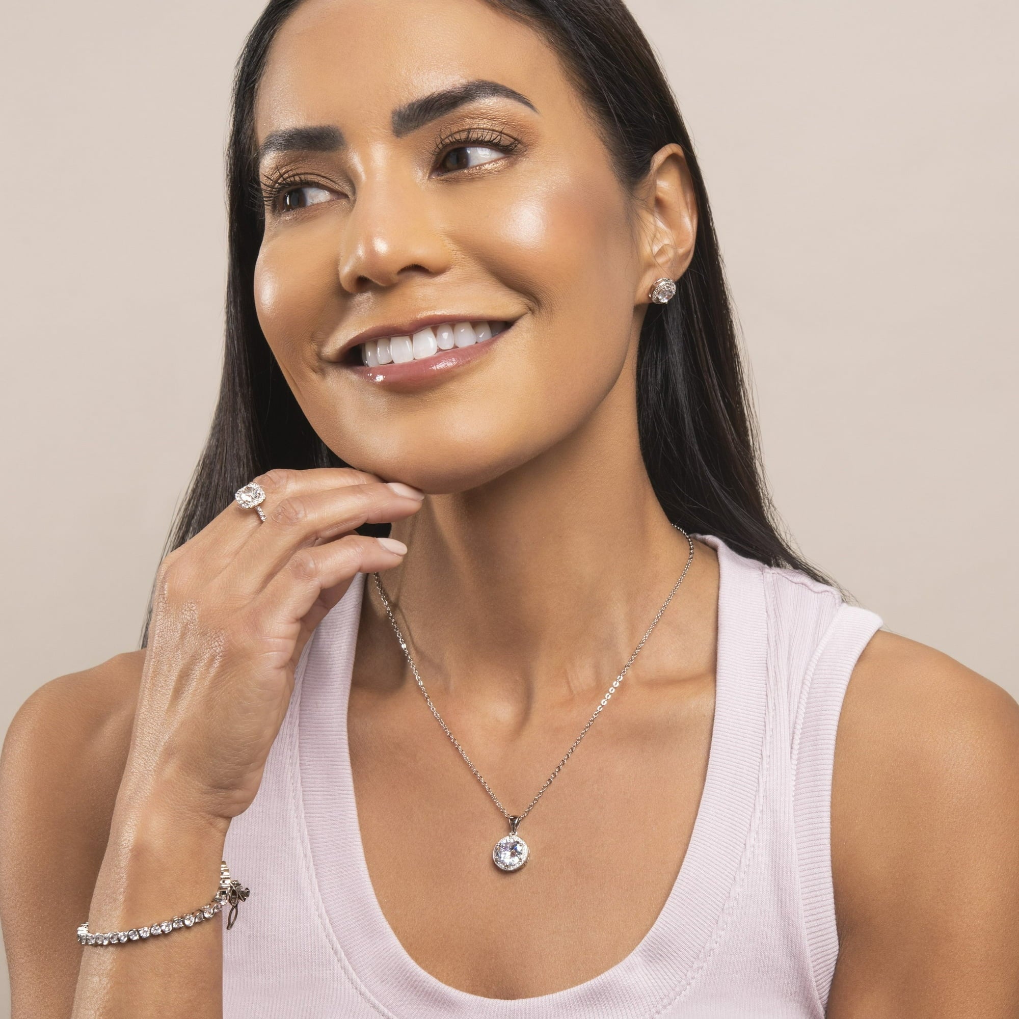 Blake 18k White Gold Plated Halo Stud Earrings and Necklace Jewelry Set with Simulated Diamond Crystals