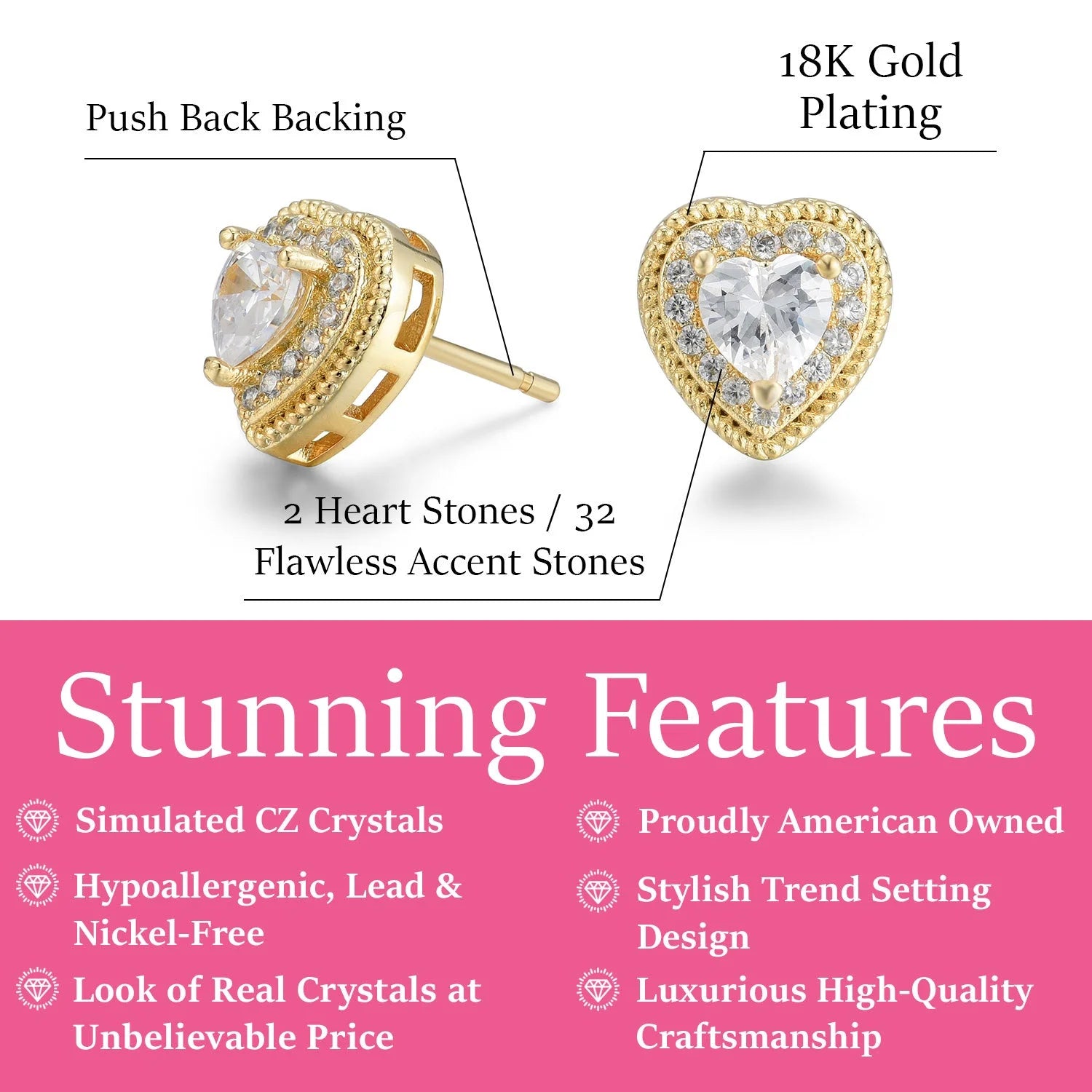 Coraline 18k White Gold Plated Silver Heart Stud Earrings with Simulated Diamond Crystals