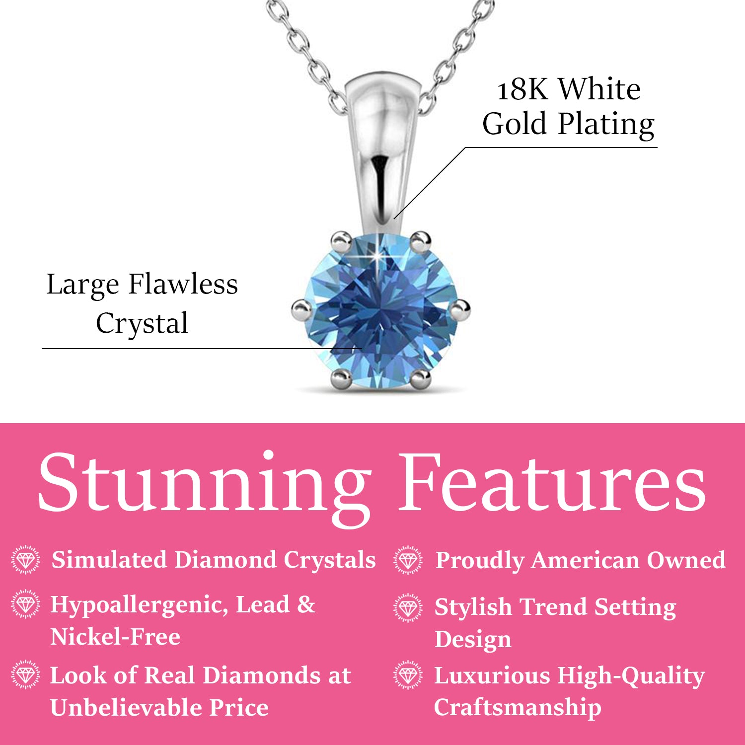 December Birthstone Blue Topaz Necklace, 18k White Gold Plated Solitaire Necklace with 1CT Crystal