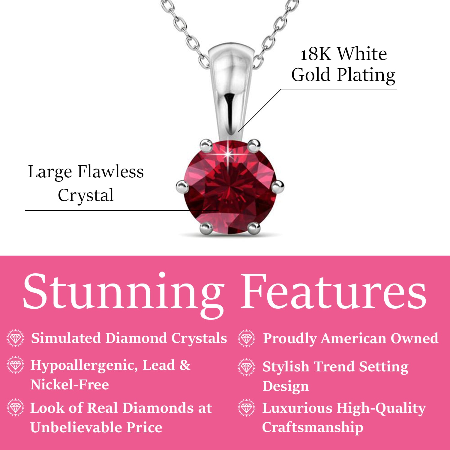 January Birthstone Garnet Necklace, 18k White Gold Plated Solitaire Necklace with 1CT Crystal
