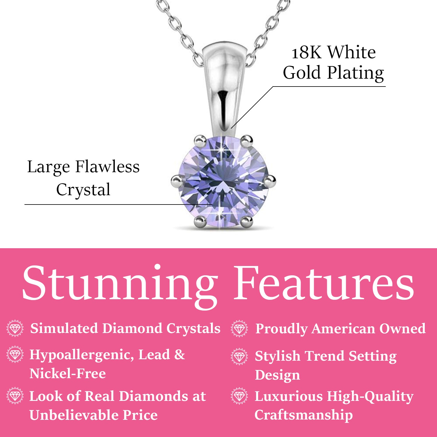 June Birthstone Alexandrite Necklace, 18k White Gold Plated Solitaire Necklace with 1CT Crystal