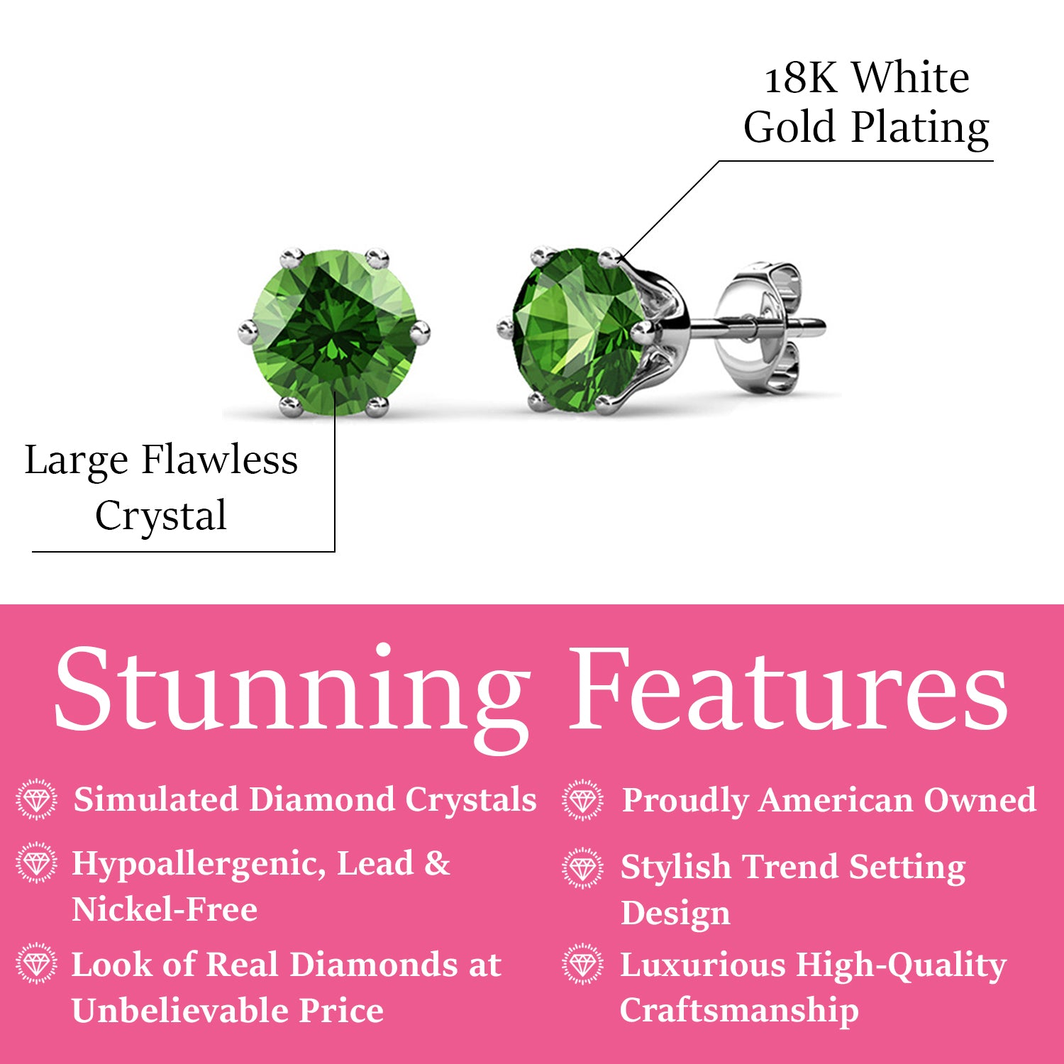 August Birthstone Peridot Earrings, 18k White Gold Plated Stud Earrings with 1CT Crystals