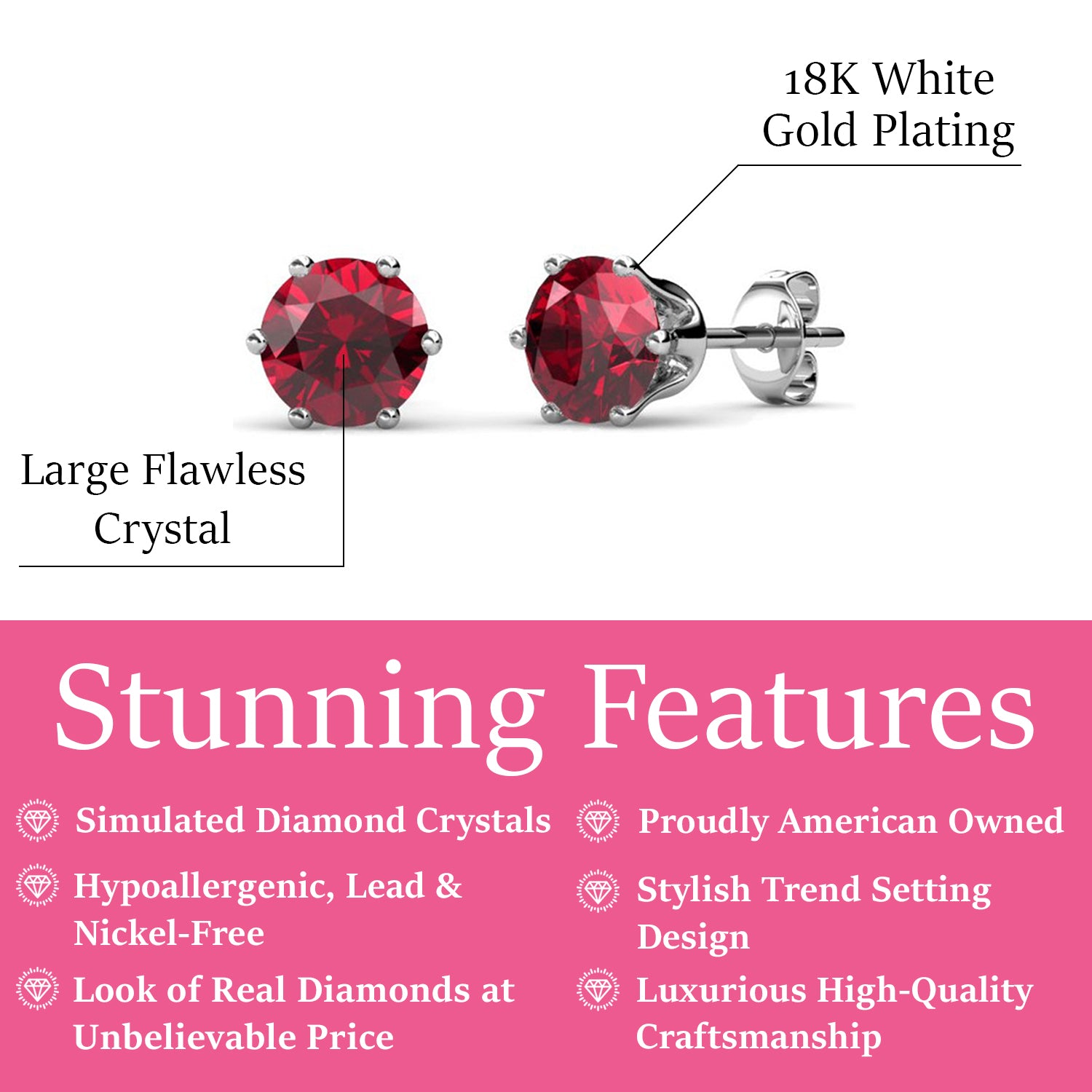 January Birthstone Garnet Earrings, 18k White Gold Plated Stud Earrings with 1CT Crystals