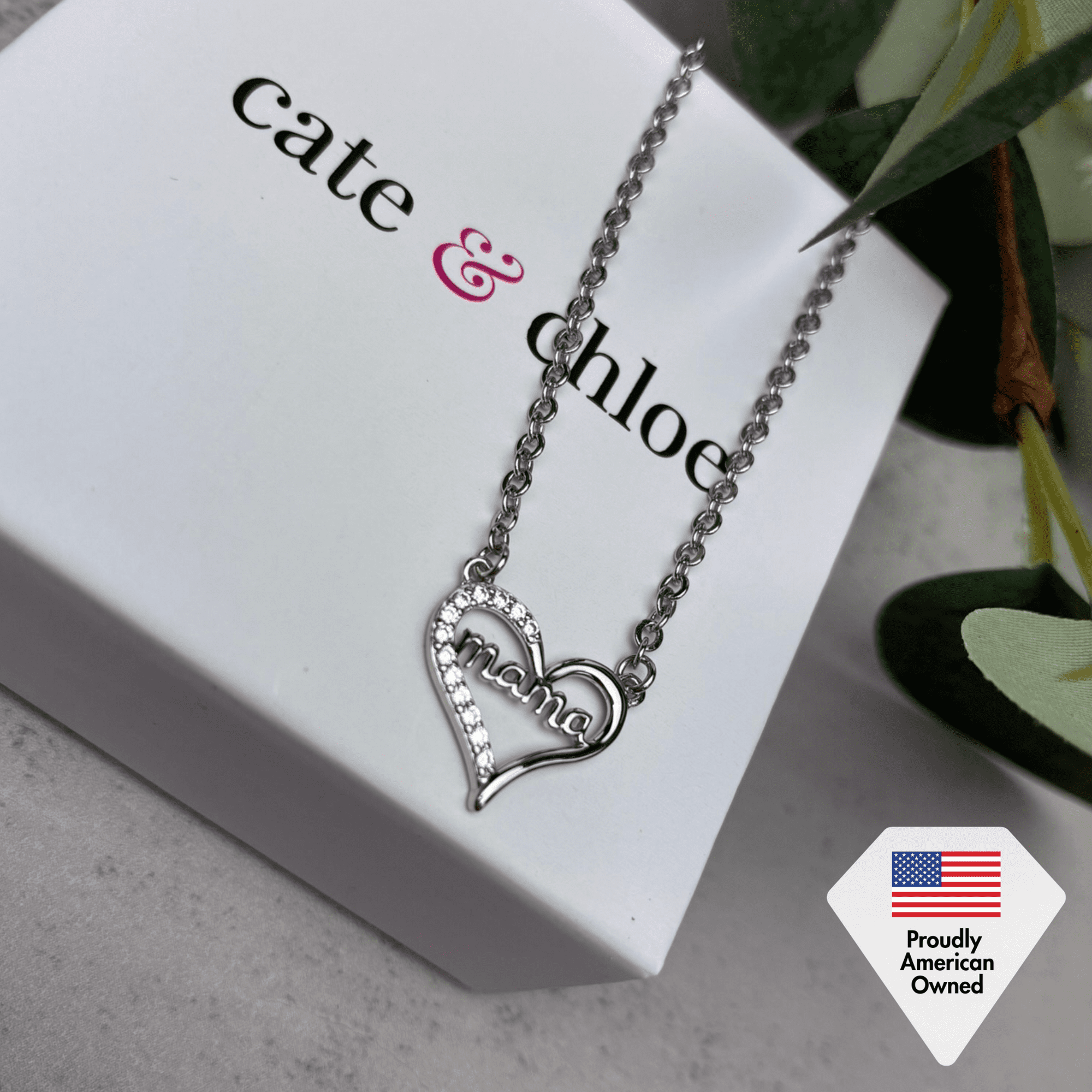 Louise 18k White Gold Plated Mama Necklace with Swarovski Crystals & Heartfelt Message for Mom