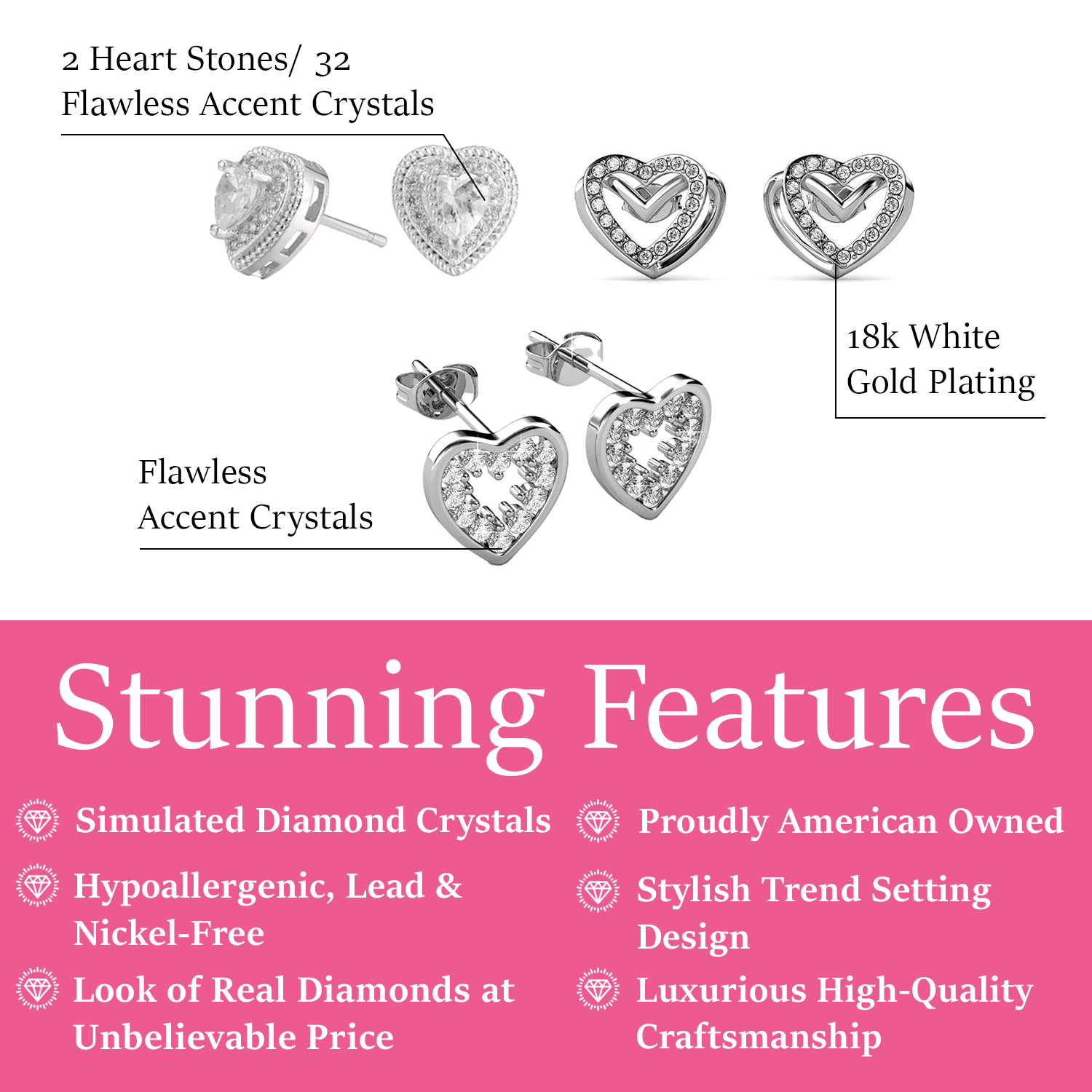 Cate & Chloe Earrings Pack of 3 - Coraline, Ainsley, Cathy 18k White Gold Plated Stud Earrings