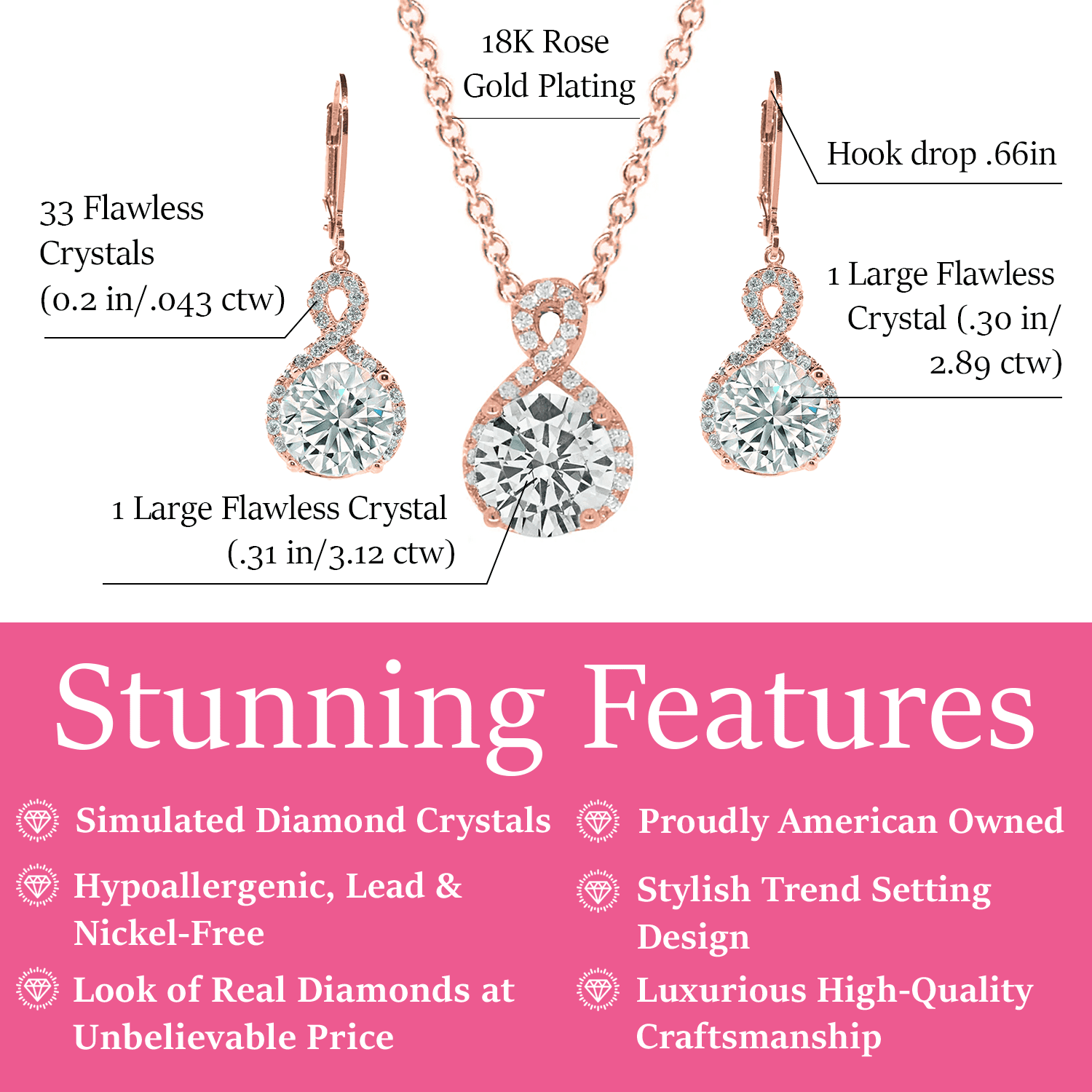 Alessandra 18k White Gold Plated Infinity Earrings and Necklace Jewelry Set with Simulated Diamond Crystals