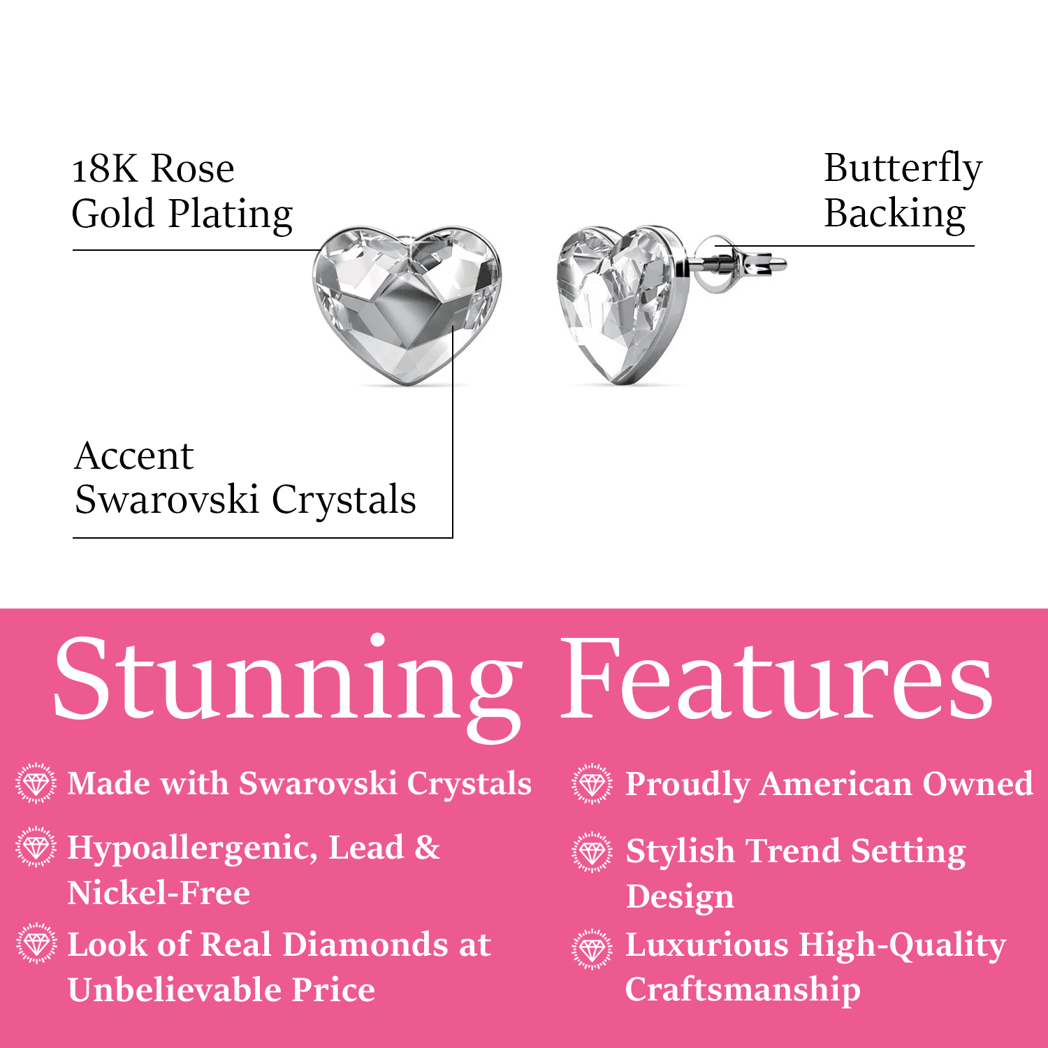 Violet 18k White Gold Plated Heart Stud Earrings with Swarovski Crystals