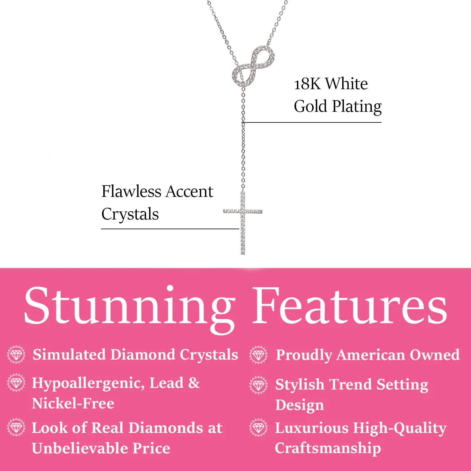 Mary Sterling Silver Infinity Cross Y-Necklace with  Simulated Diamond Crystal