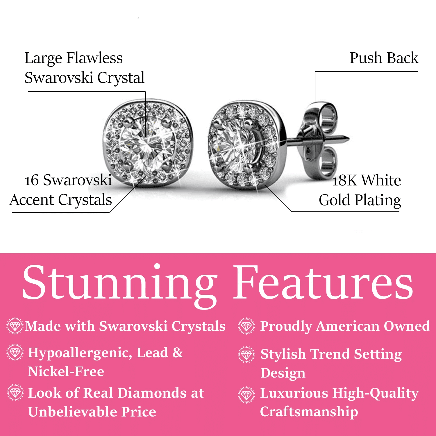 Ruth 18k White Gold Plated Halo Stud Earrings with Swarovski Crystals