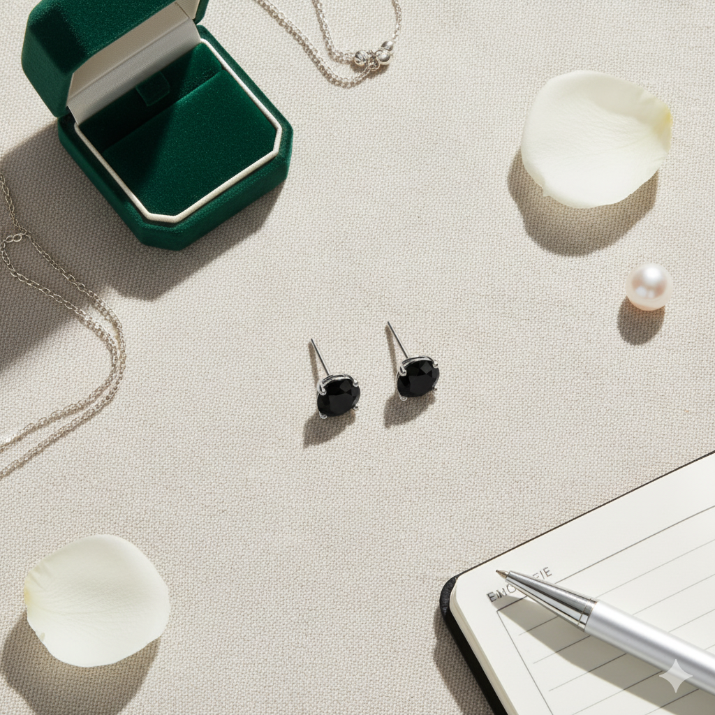 Dina 18k White Gold Plated Stud Earrings with Black Gemstone