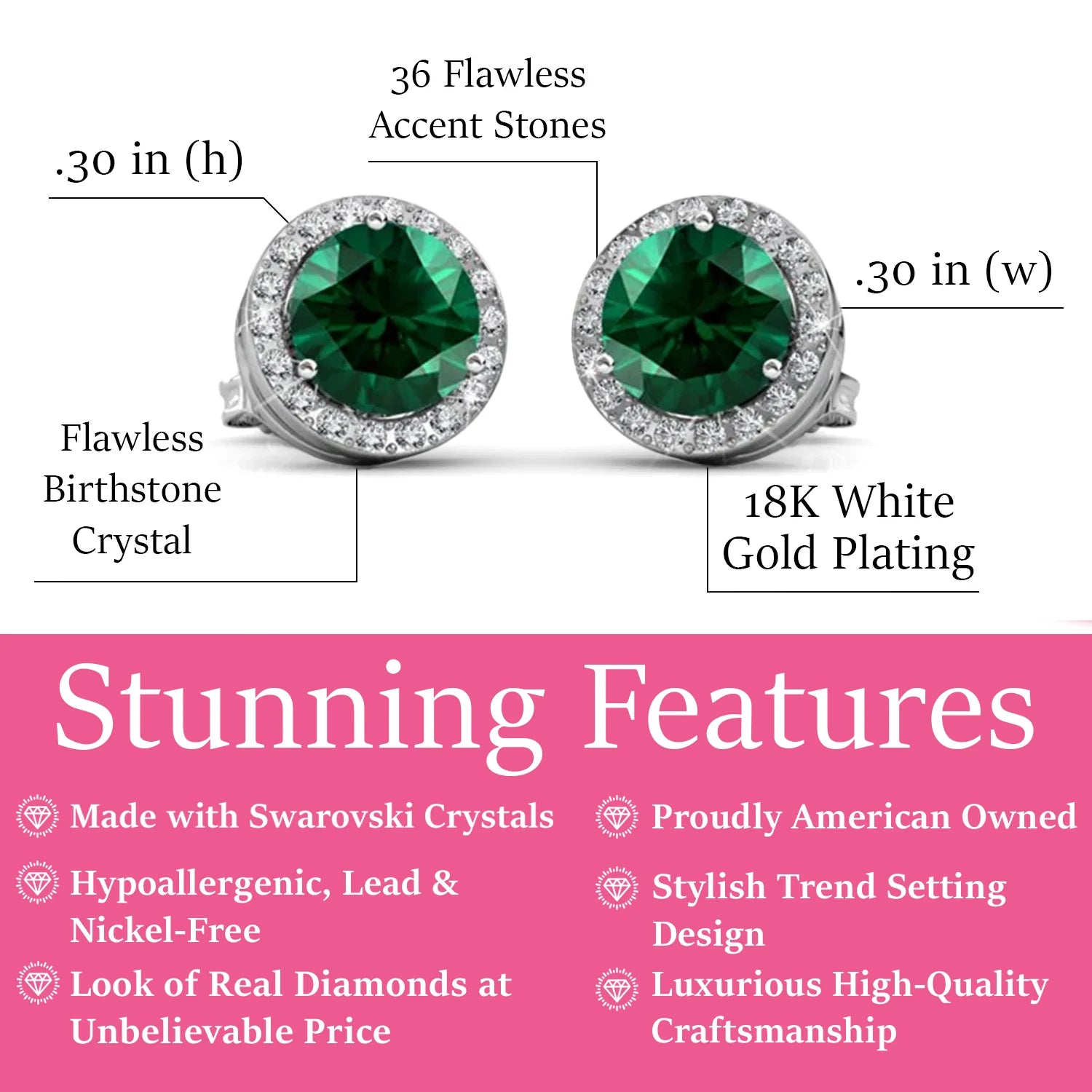 Royal 18k White Gold Plated Birthstone Halo Earrings with Round Cut Swarovski Crystals