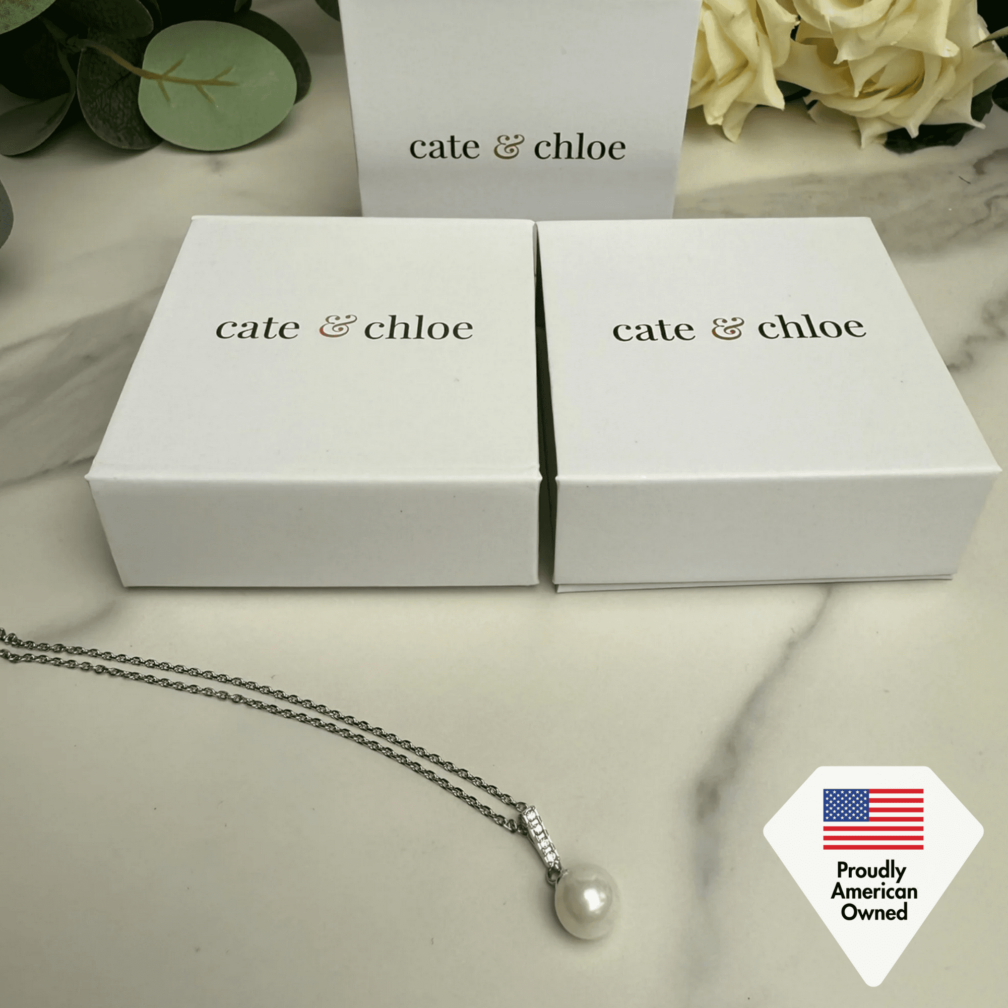 Gabrielle 18k White Gold Pearl Drop Pendant Necklace with Swarovski Crystals