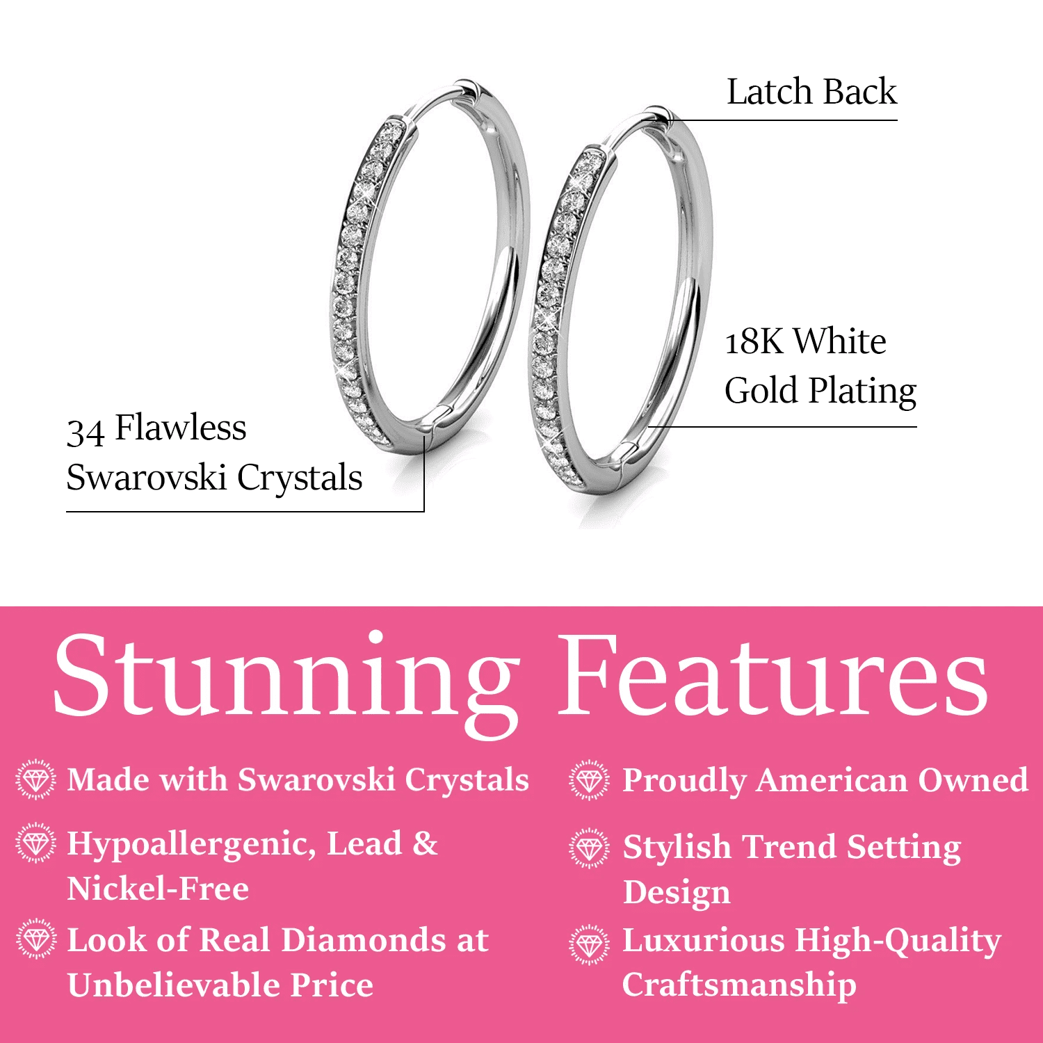 Bianca 18k White Gold Plated 25mm Silver Hoop Earrings with Swarovski Crystals