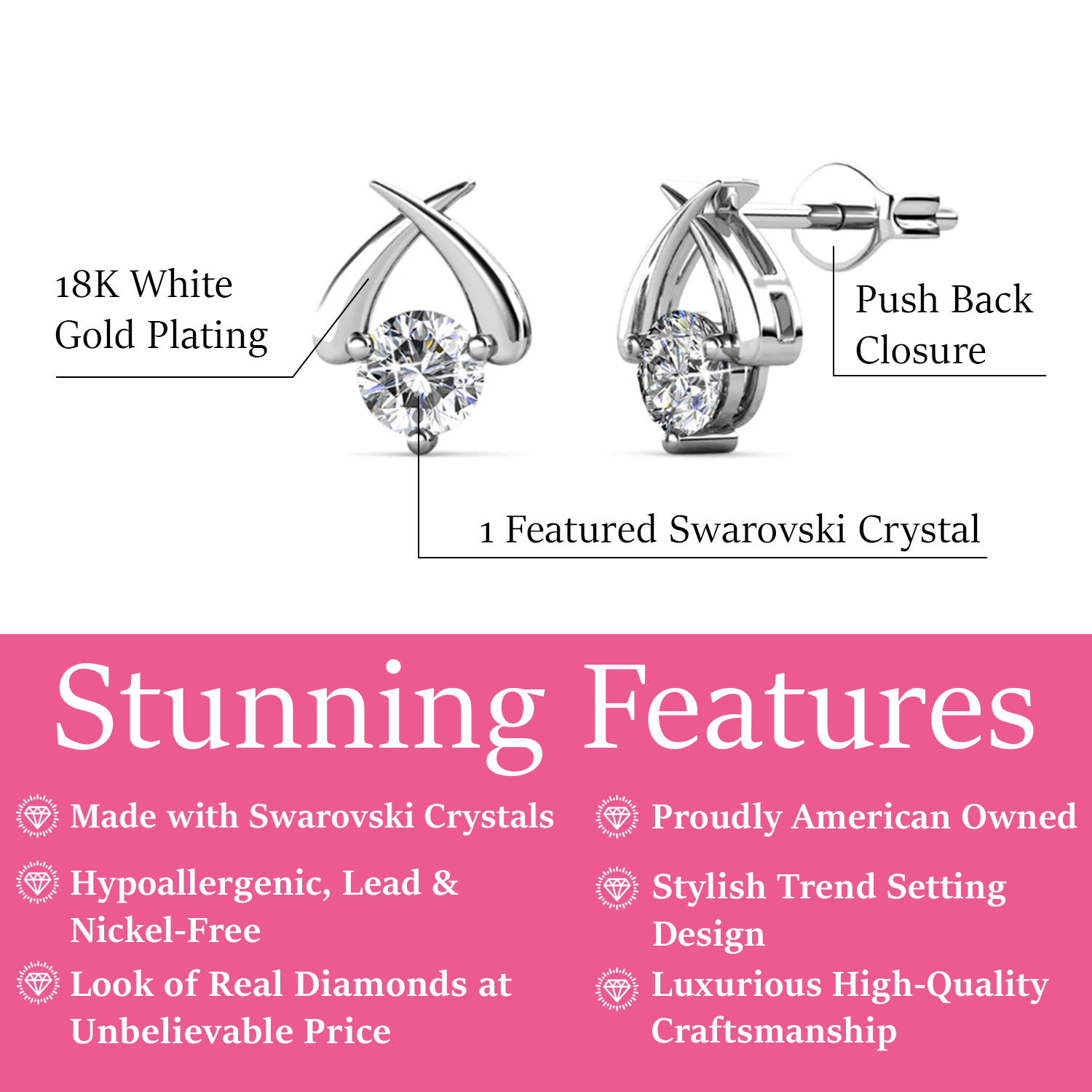 Eloise 18k White Gold Plated Stud Halo Earrings with Solitaire Round Cut Swarovski Crystals