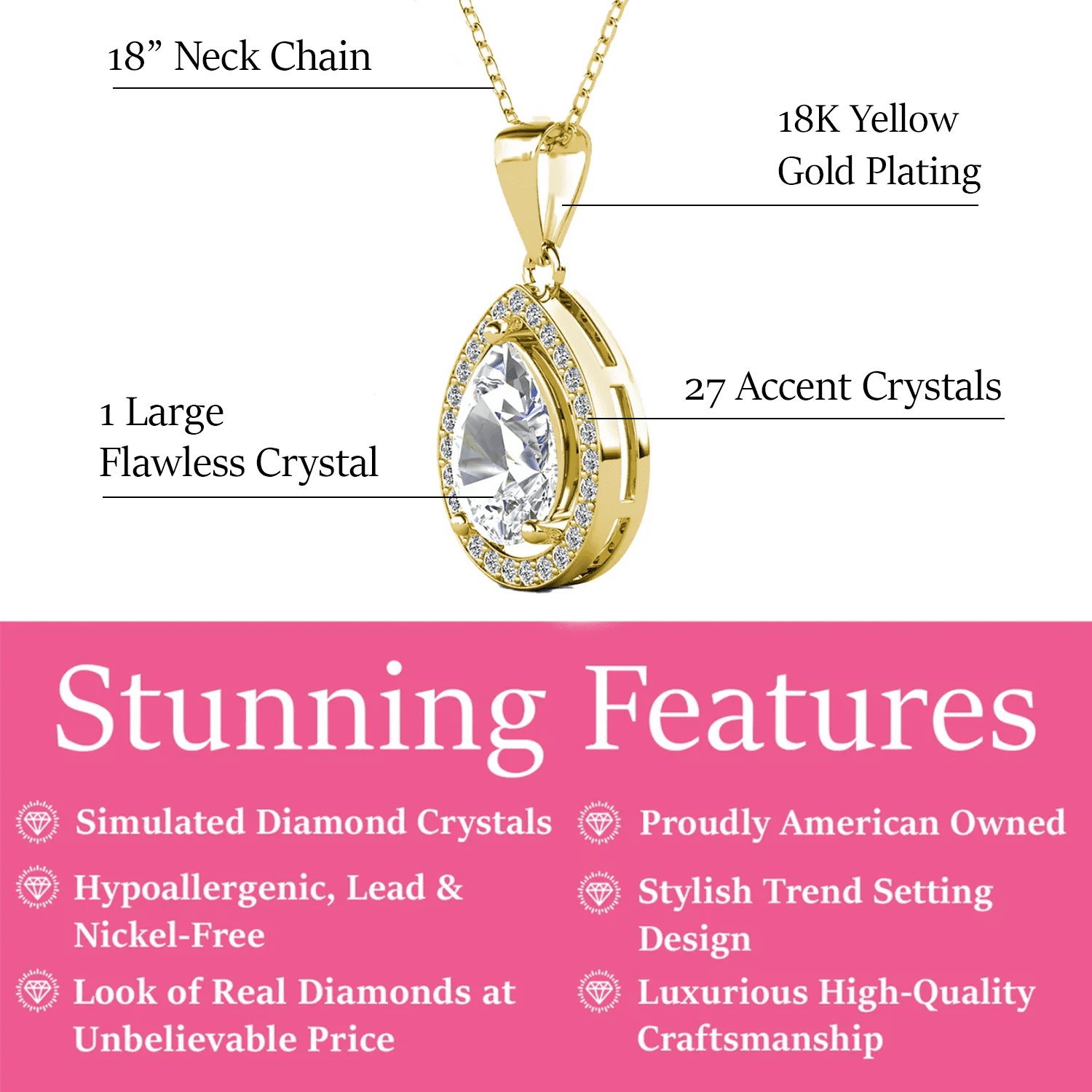 Isabel 18k White Gold Plated Halo Tear drop Necklace with Simulated Diamond Crystal