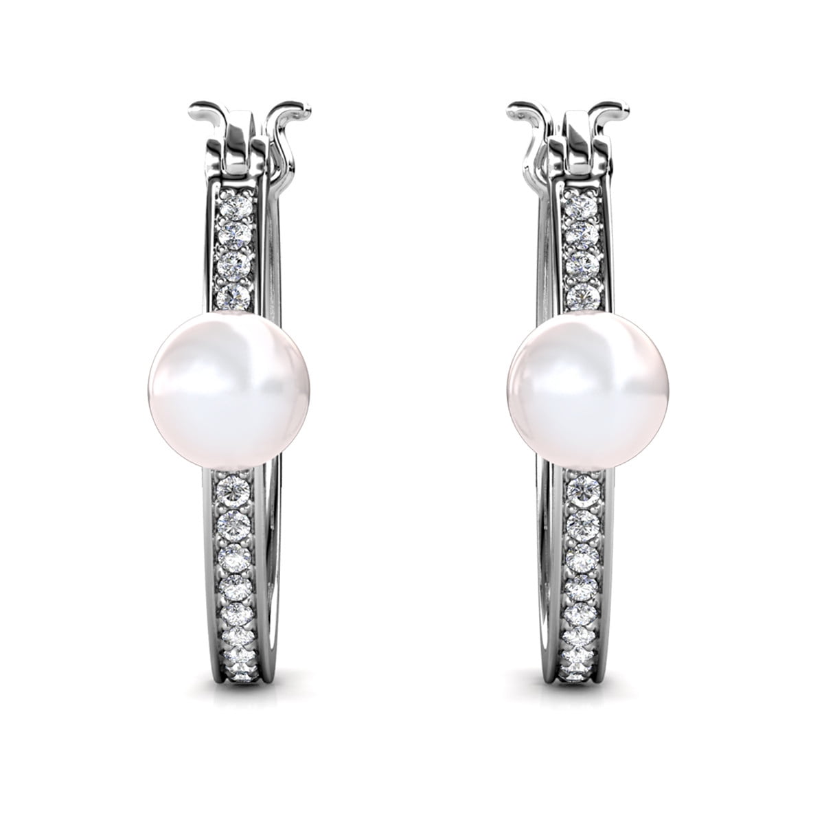 Nyla 18k White Gold Plated Pearl Hoop Earrings with Swarovski Crystals