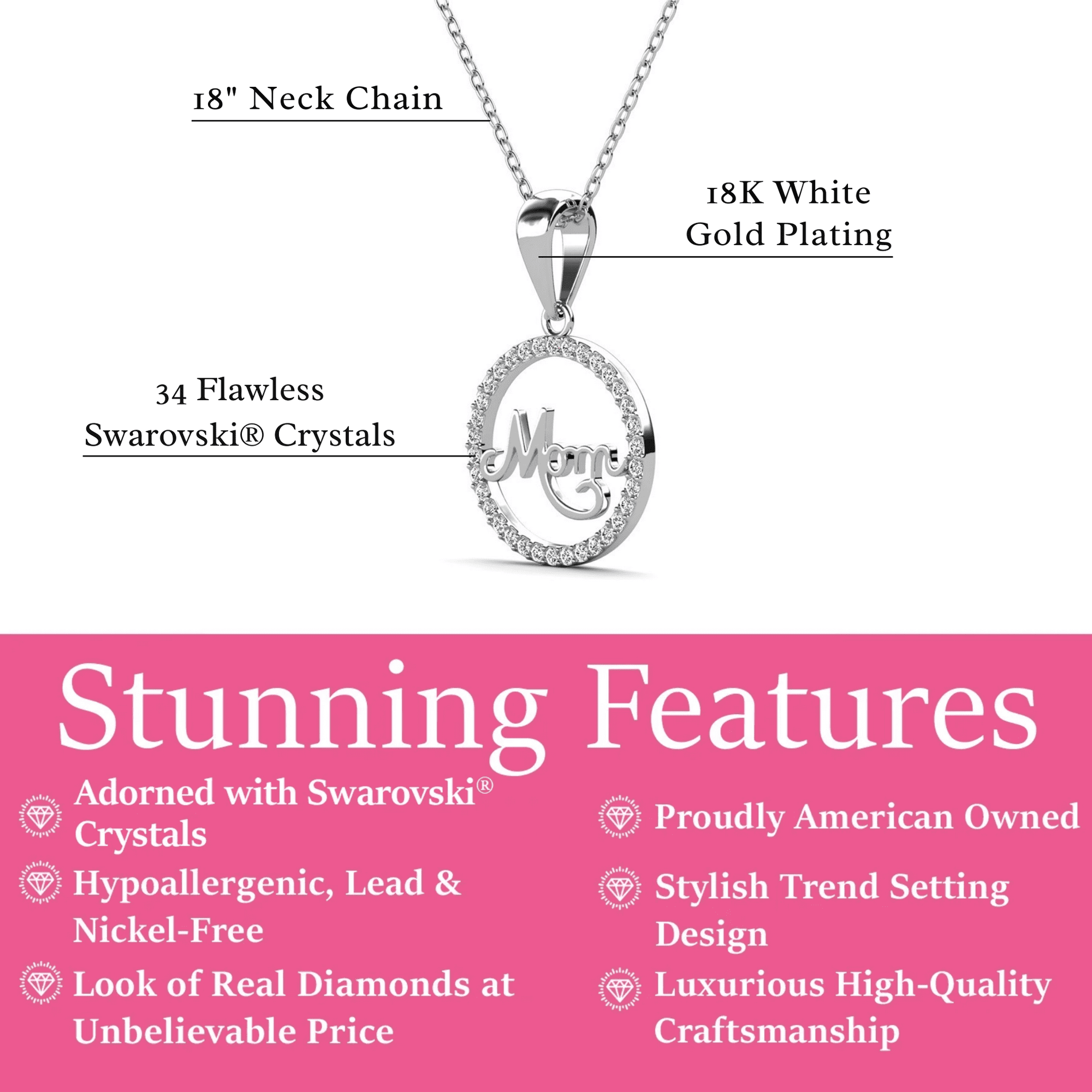 Brandy 18k White Gold Plated Circle Necklace with Swarovski Crystals & Heartfelt Message for Mom