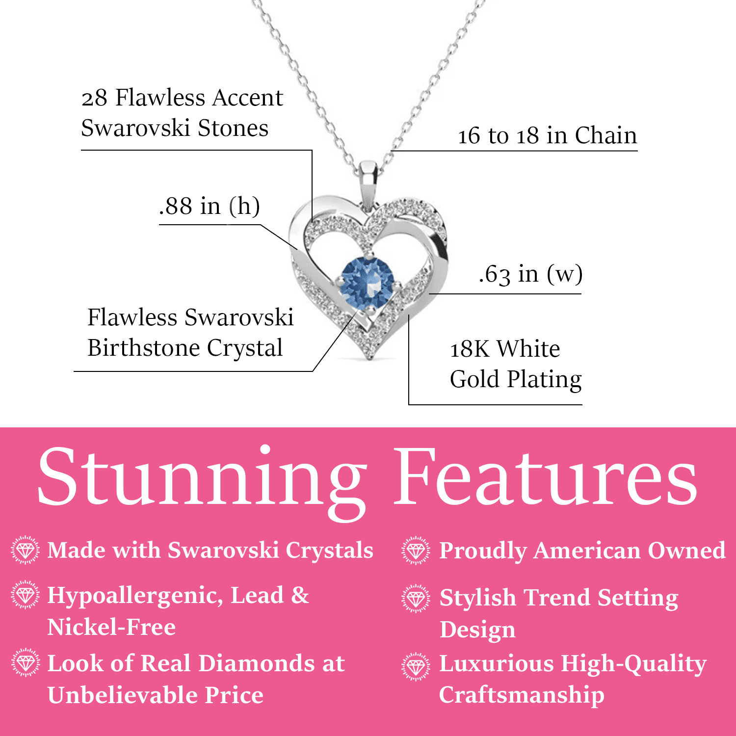 Forever 18k White Gold Plated Birthstone Double Heart Necklace with Swarovski Crystals