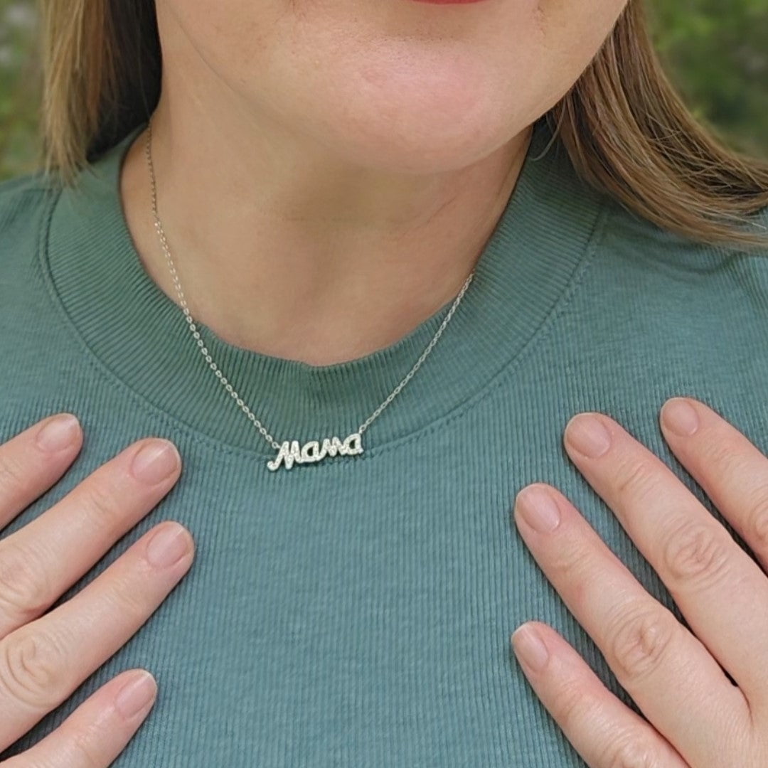 Dorothy 18k White Gold Plated Mama Necklace with Swarovski Crystals & Heartfelt Message for Mom
