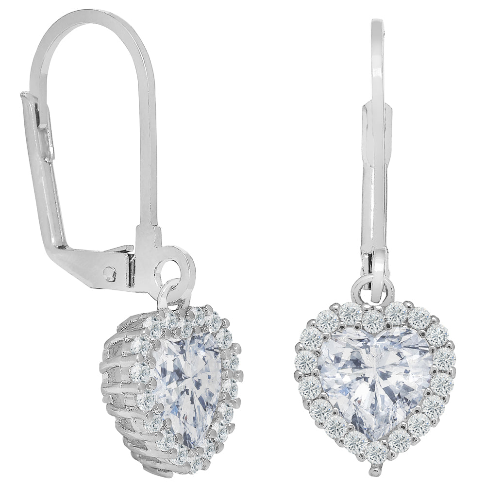 Amara 18k White Gold Plated Heart Shaped Halo Drop Earrings with CZ Crystals
