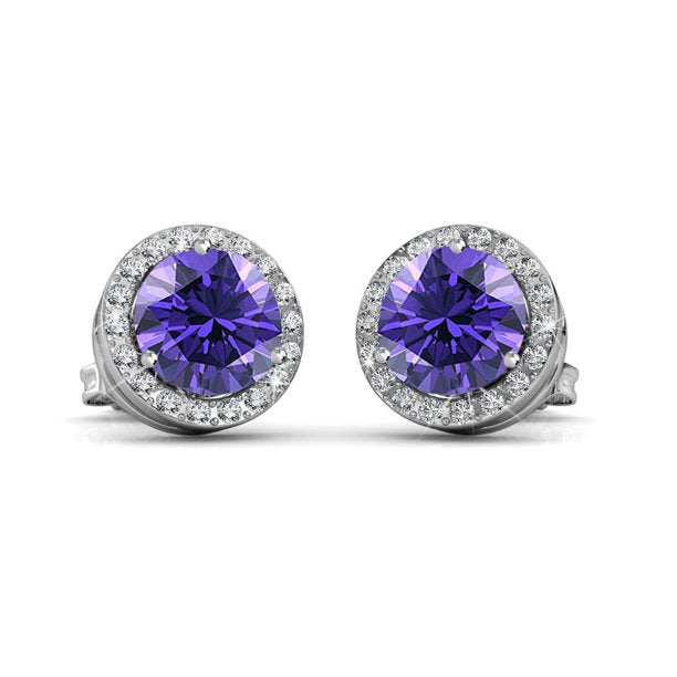 Royal 18k White Gold Plated Birthstone Halo Earrings with Round Cut Crystals