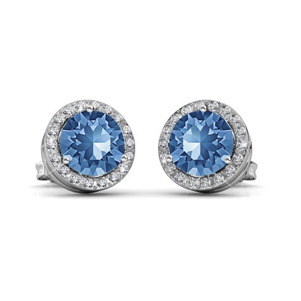 Royal 18k White Gold Plated Birthstone Halo Earrings with Round Cut Crystals