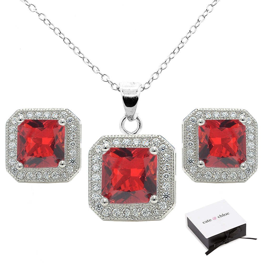 Londyn 18K White Gold Princess Cut Colored CZ Halo Necklace and Earrings Jewelry Set